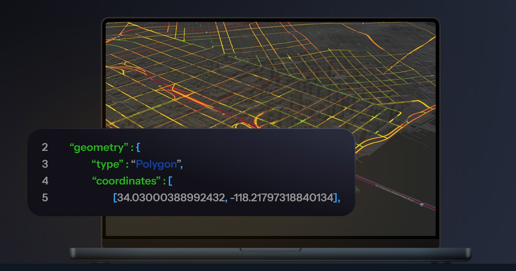 A laptop displaying a digital map with colored lines over a city layout. A code snippet with geometry type "Polygon" and coordinates is shown.