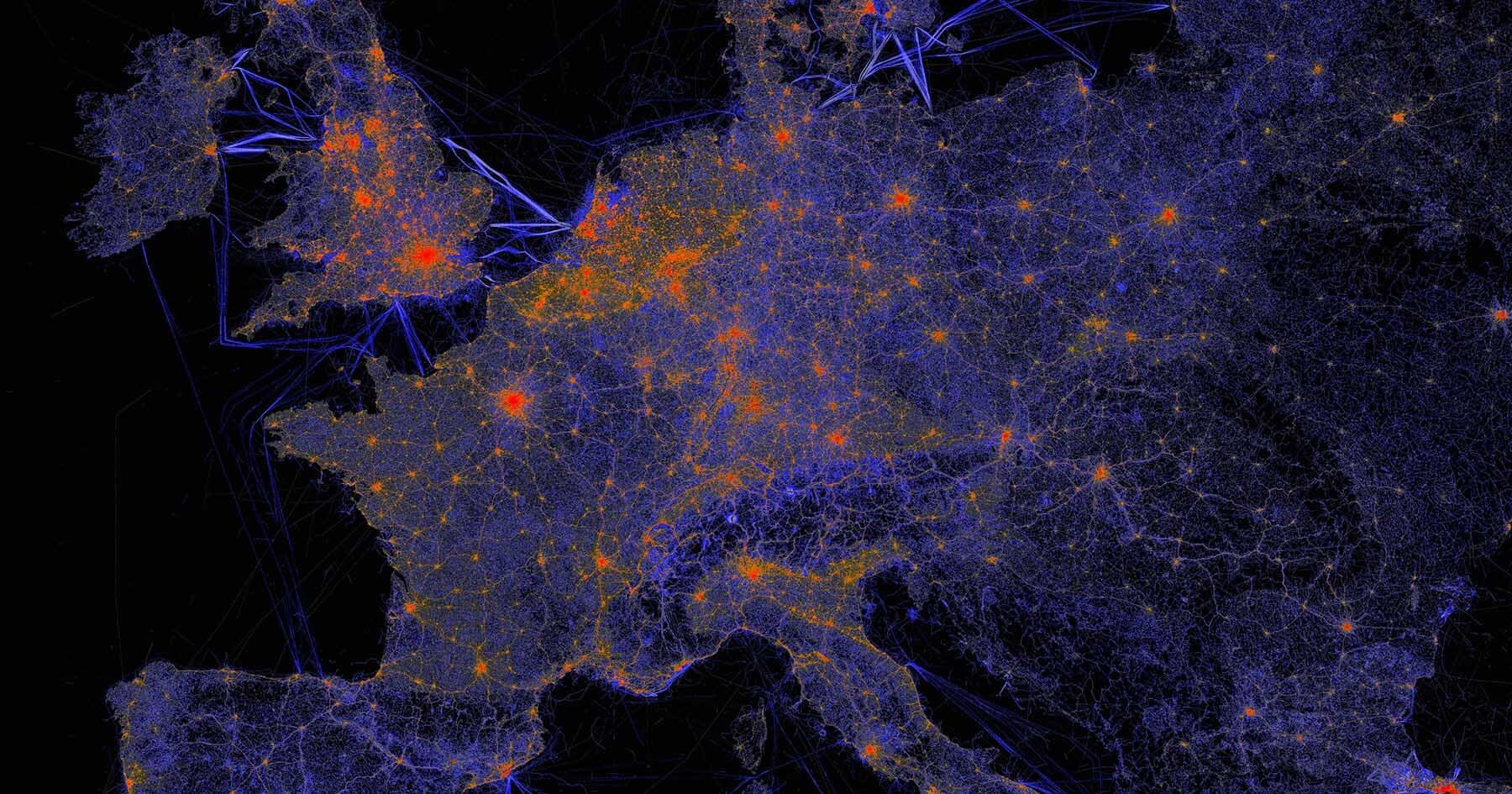 Stylized map of Europe showing major urban areas in orange and transport routes in blue lines on a dark background.