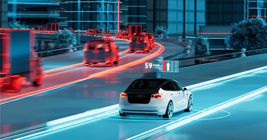 A white autonomous car drives on a digital highway with projected speed data, surrounded by glowing vehicles and urban scenery.