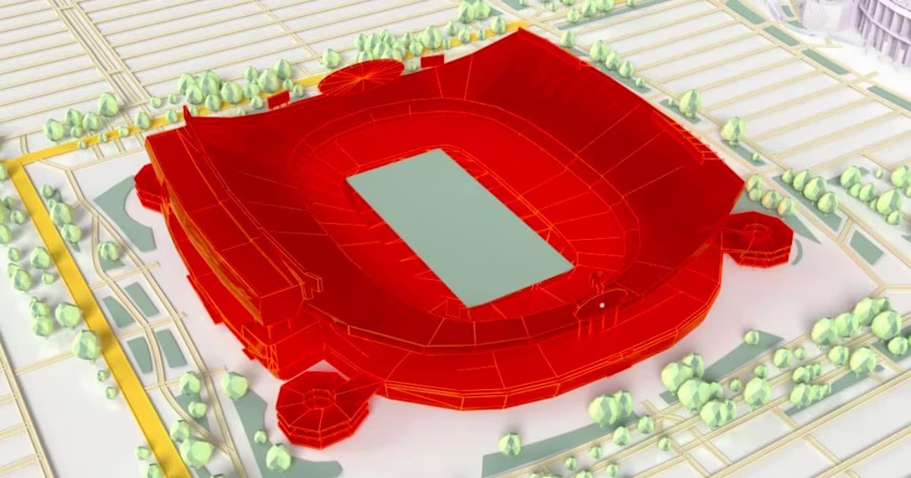 3D model of a large red stadium with an open field, surrounded by roads and trees, viewed from above.