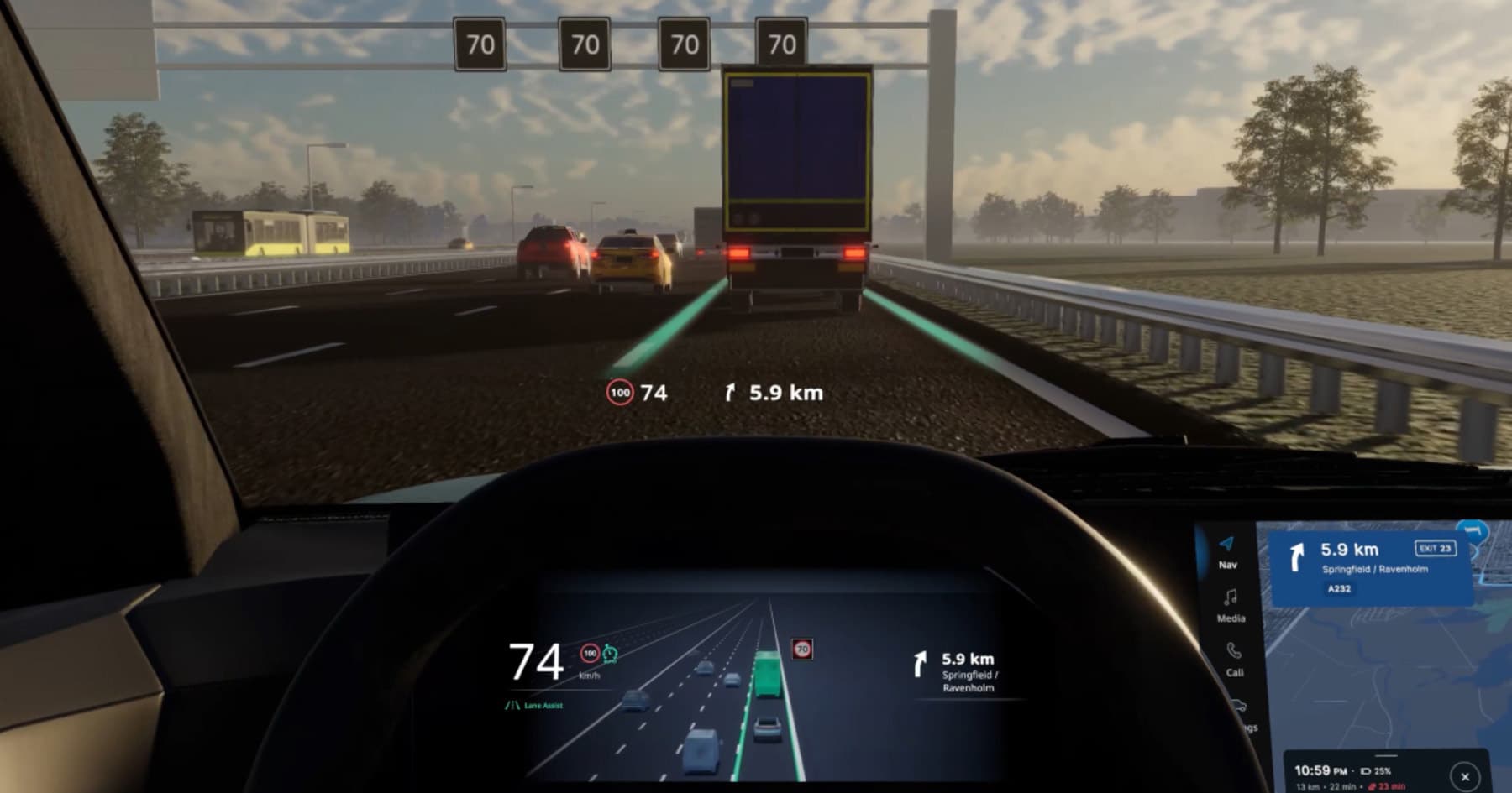 View from inside a car displaying a digital dashboard, with temporary speed signs ahead.