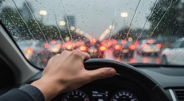 A hand on a steering wheel looking out towards a rainy, congested road