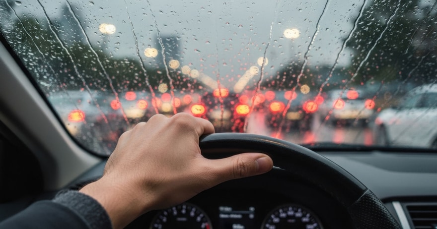 A hand on a steering wheel looking out towards a rainy, congested road
