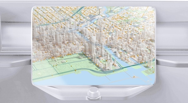 Map visualization with 3D buildings, parks, and waterways displayed on a dashboard screen.