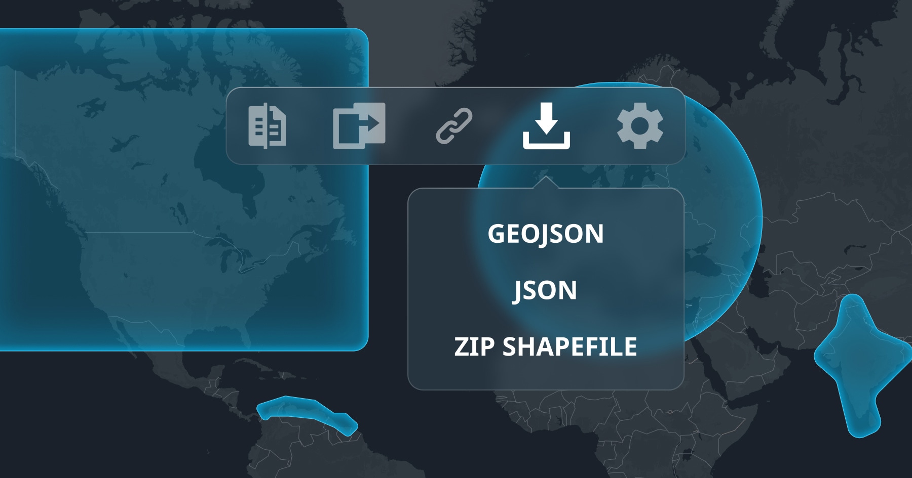 Map interface with icons for copying, linking, downloading, and settings. Options for exporting as GeoJSON, JSON, or ZIP shapefile are displayed.