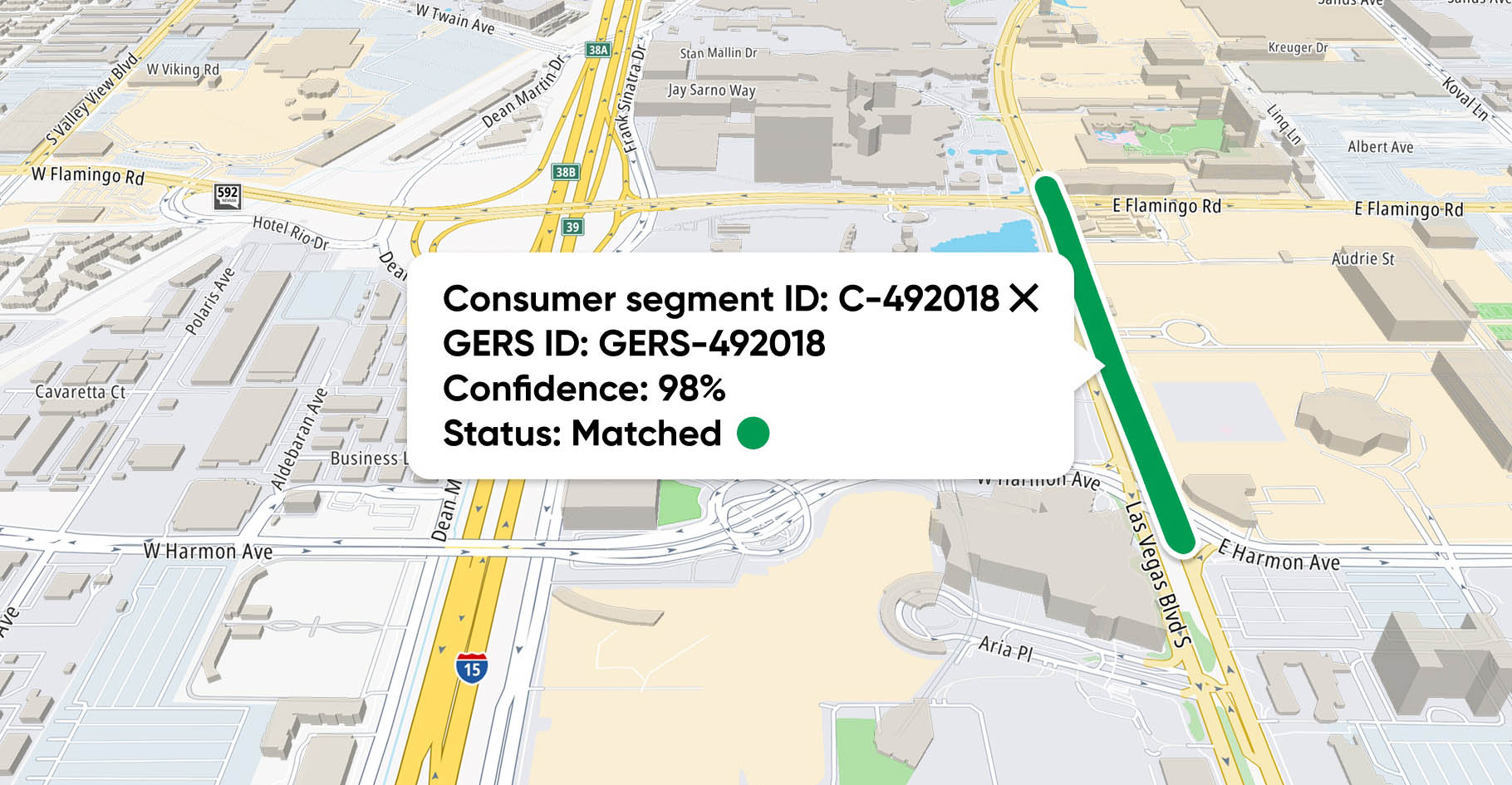 Map showing Las Vegas with consumer ID C-492018, GERS ID GERS-492018, confidence 98%, status matched.