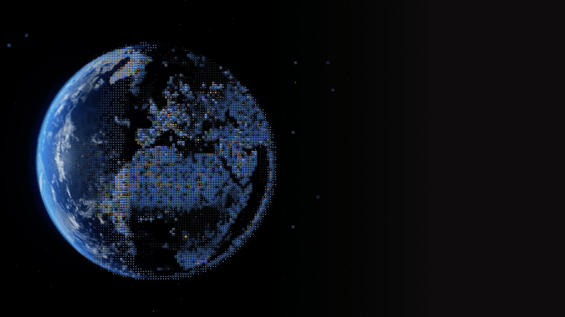 Digitally rendered Earth with pixelated continents and oceans, glowing blue and orange against a black space background.