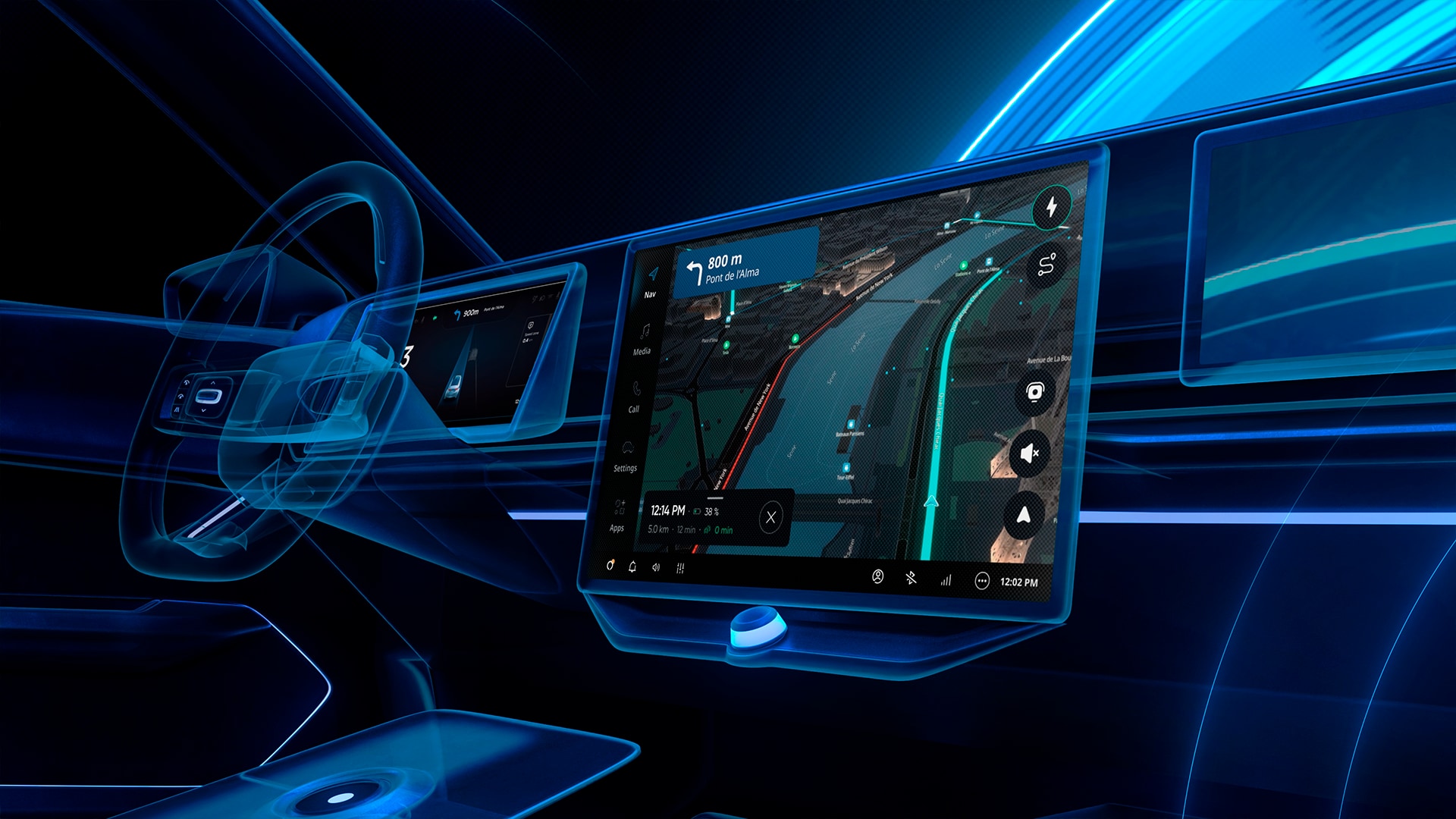 A futuristic car interior with digital dashboard displays showing navigation and vehicle controls, illuminated in a blue neon glow.