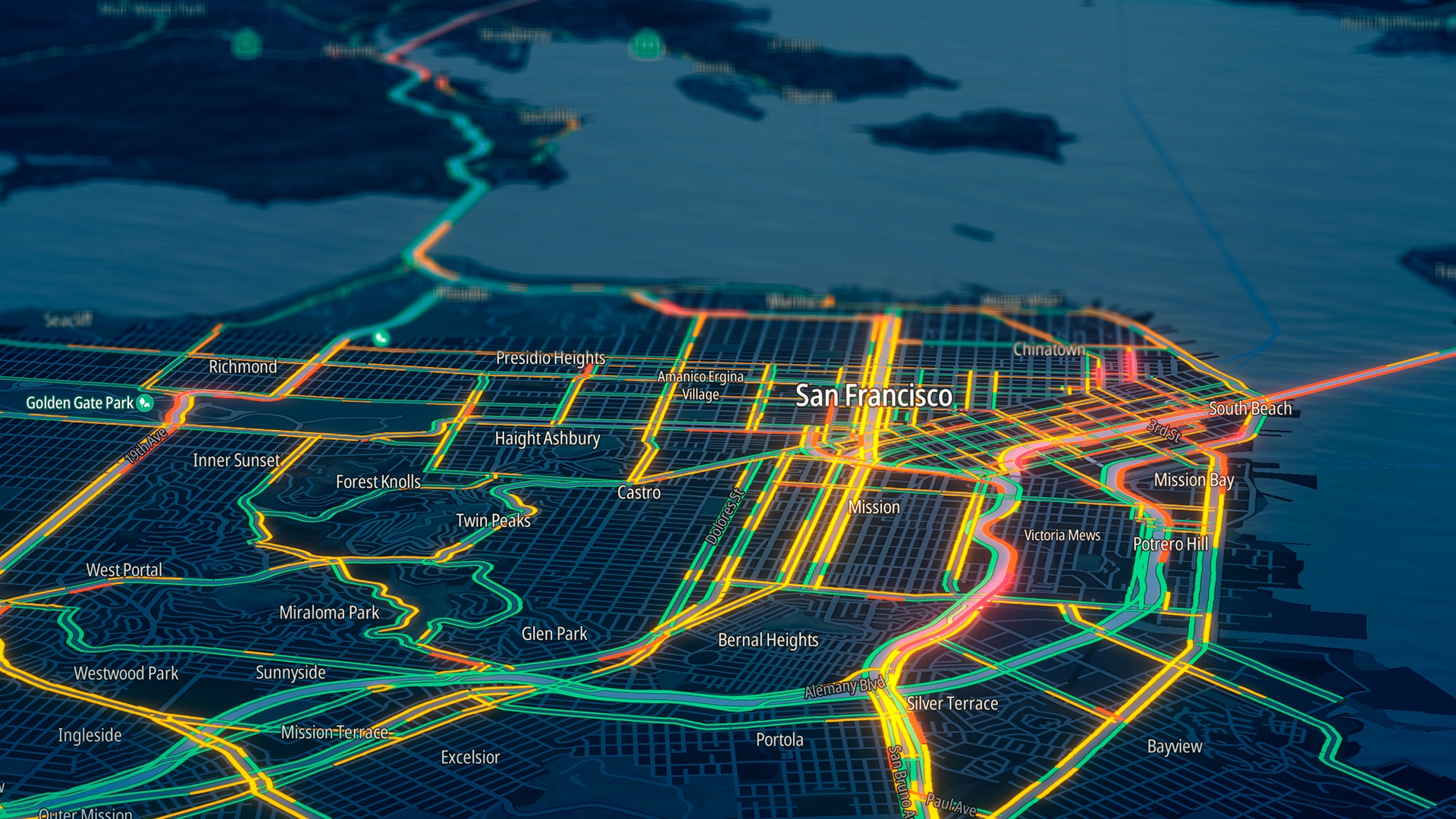 A stylized digital map of San Francisco highlighting major roads and districts with colorful neon lines, including Golden Gate Park and Mission Bay.