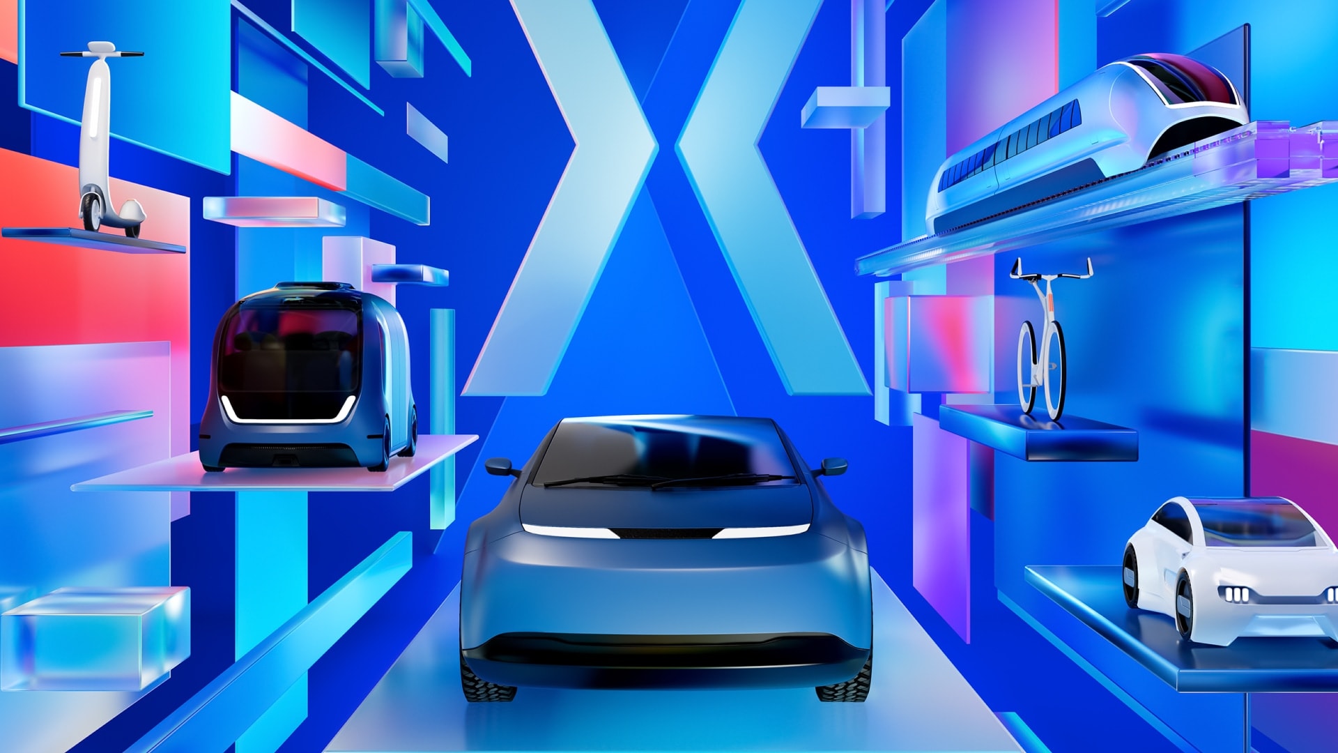 Futuristic transportation concept with electric car, scooter, bike, and train in a vibrant, geometric, blue and pink digital environment.