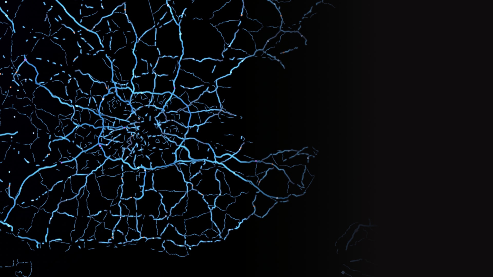 Abstract network of glowing blue lines resembling a city map or neural connections on a black background.