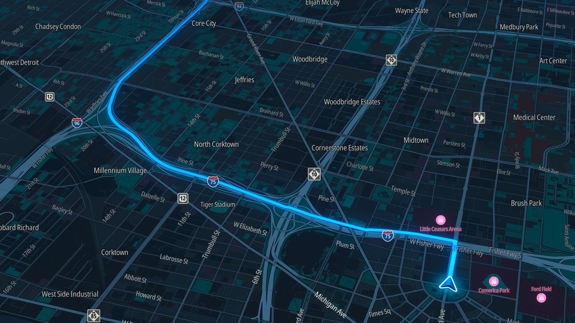 A nighttime city map highlighting a blue route along major highways near Millennium Village and Midtown, with landmarks like Comerica Park and Ford Field.