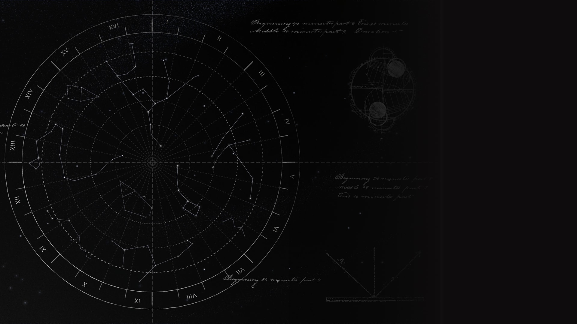 Star chart with constellations arranged in a circular grid, marked with Roman numerals and handwritten notes around the edges.