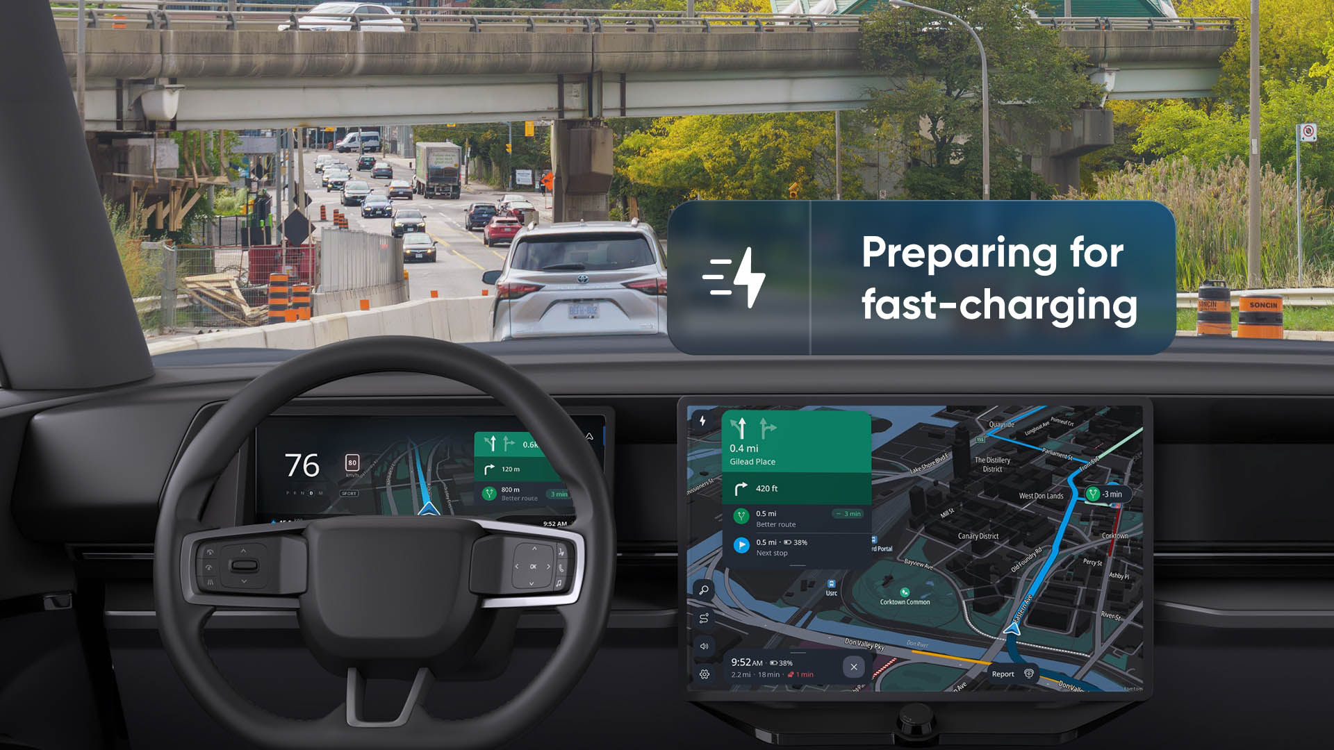 View from inside a car showing a digital dashboard, navigation map, and city traffic. A display indicates "Preparing for fast-charging."