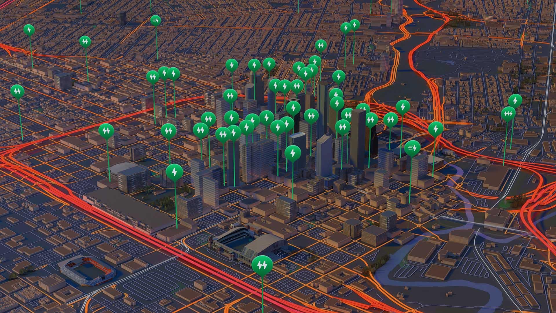 3D city map with numerous green icons indicating electric vehicle charging stations throughout the urban area.