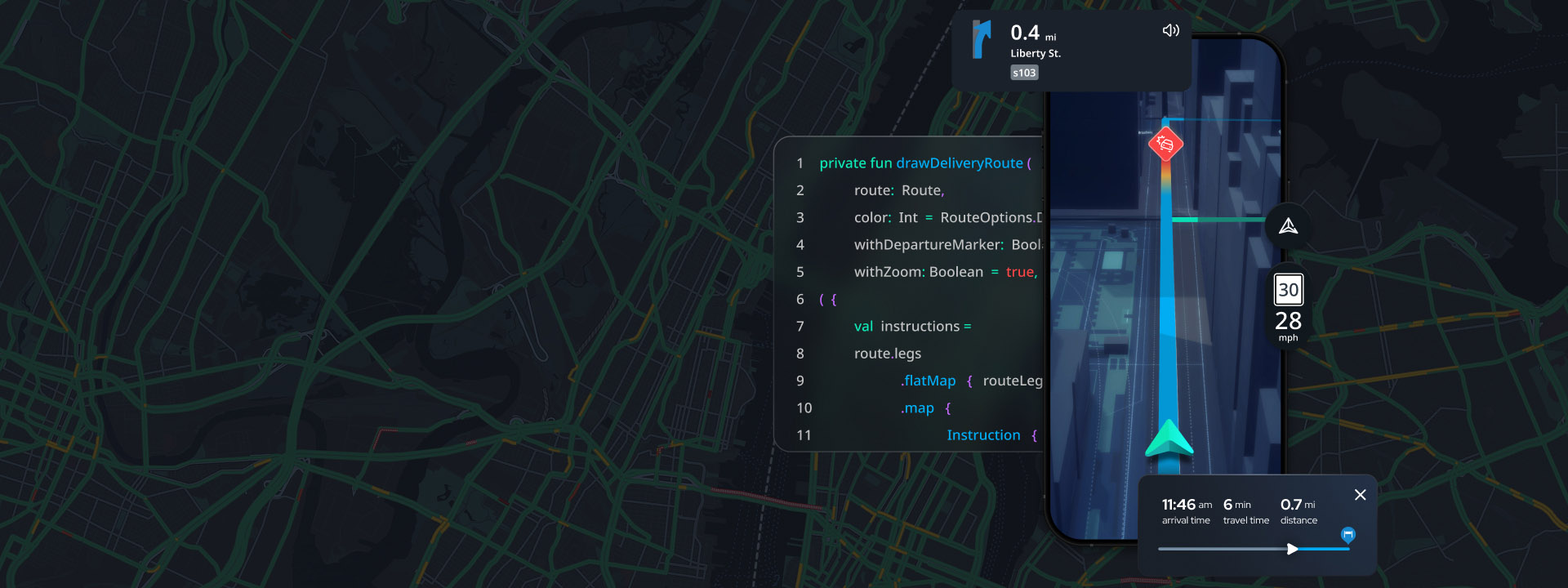Smartphone navigation app interface showing a city map, route instructions, speed, and distance overlaid on a dark background with code snippet.