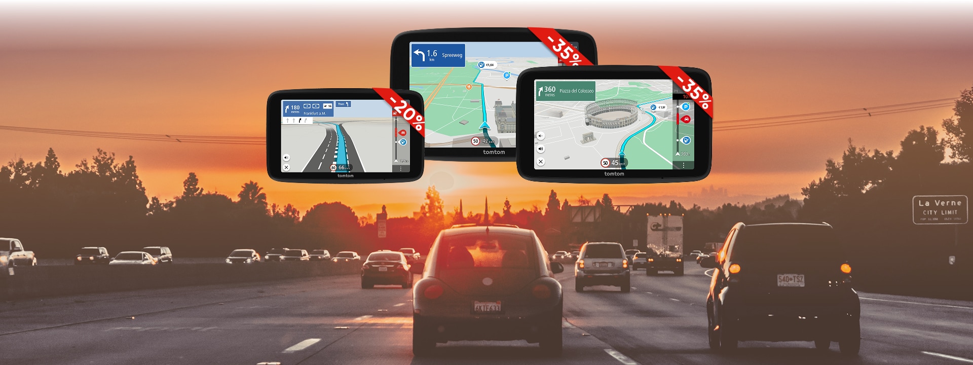 Three GPS navigation devices displaying maps and directions, with discount tags of 20% and 35%, are superimposed over a sunset scene of a busy highway with cars.
