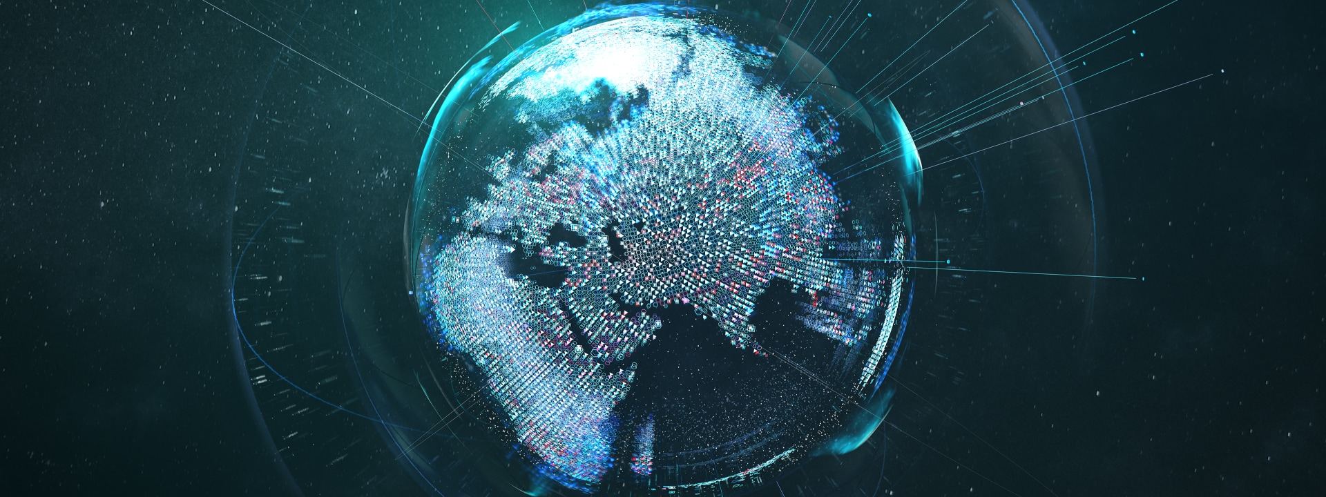Digital globe with illuminated continents, representing global connectivity, surrounded by dynamic lines against a dark background.
