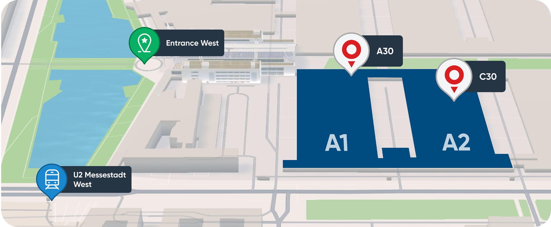 Map showing a convention center layout with halls A1 and A2, labeled entrances, and nearby U2 Messestadt West station.