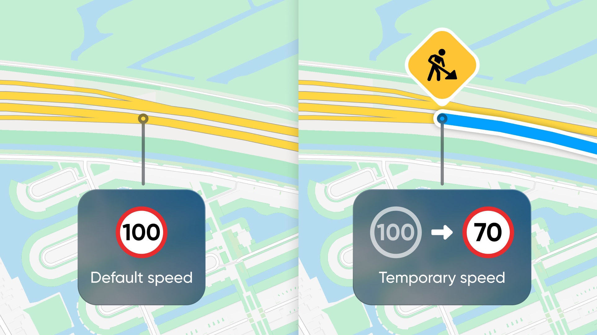 Map showing a speed limit change: Default speed of 100 is reduced to 70 due to roadwork, indicated by a construction sign.