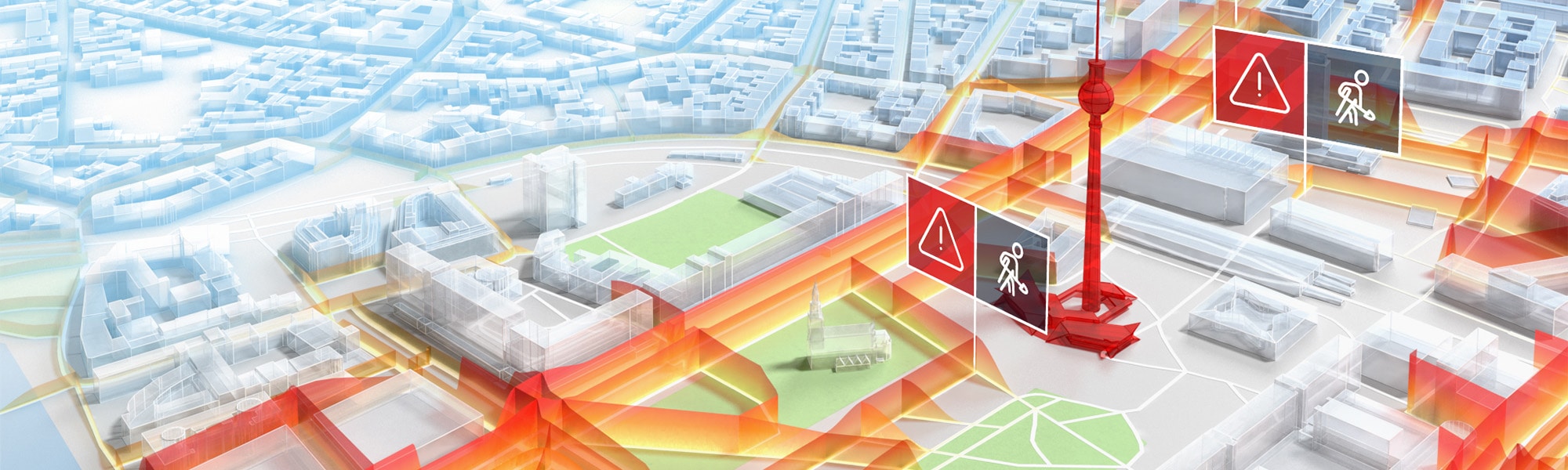 Stylized map image showing advanced hazard warnings for road works and road closures