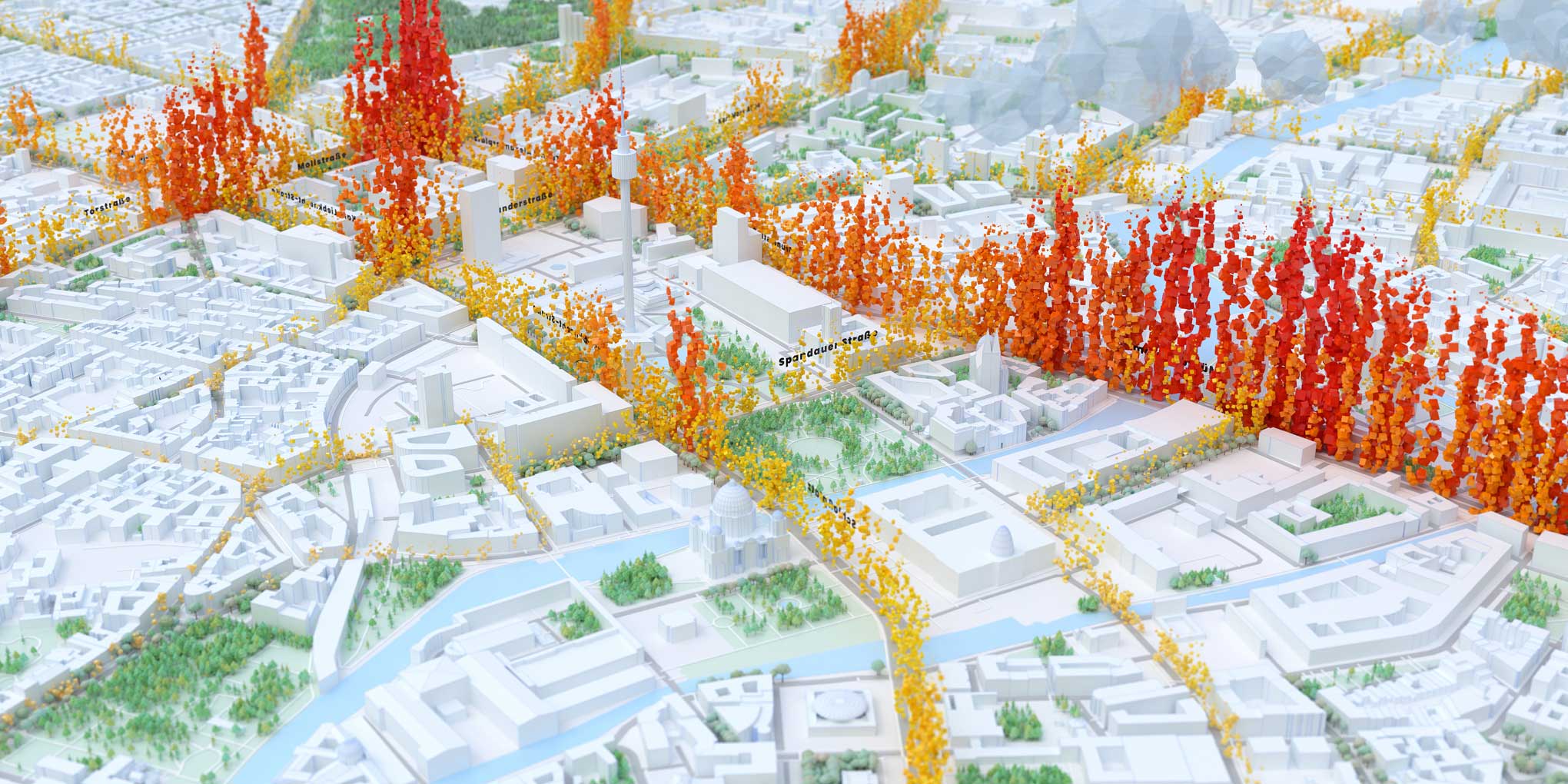 A 3D city map visualization with colorful data points, featuring red and orange clusters rising from various locations amidst city structures.