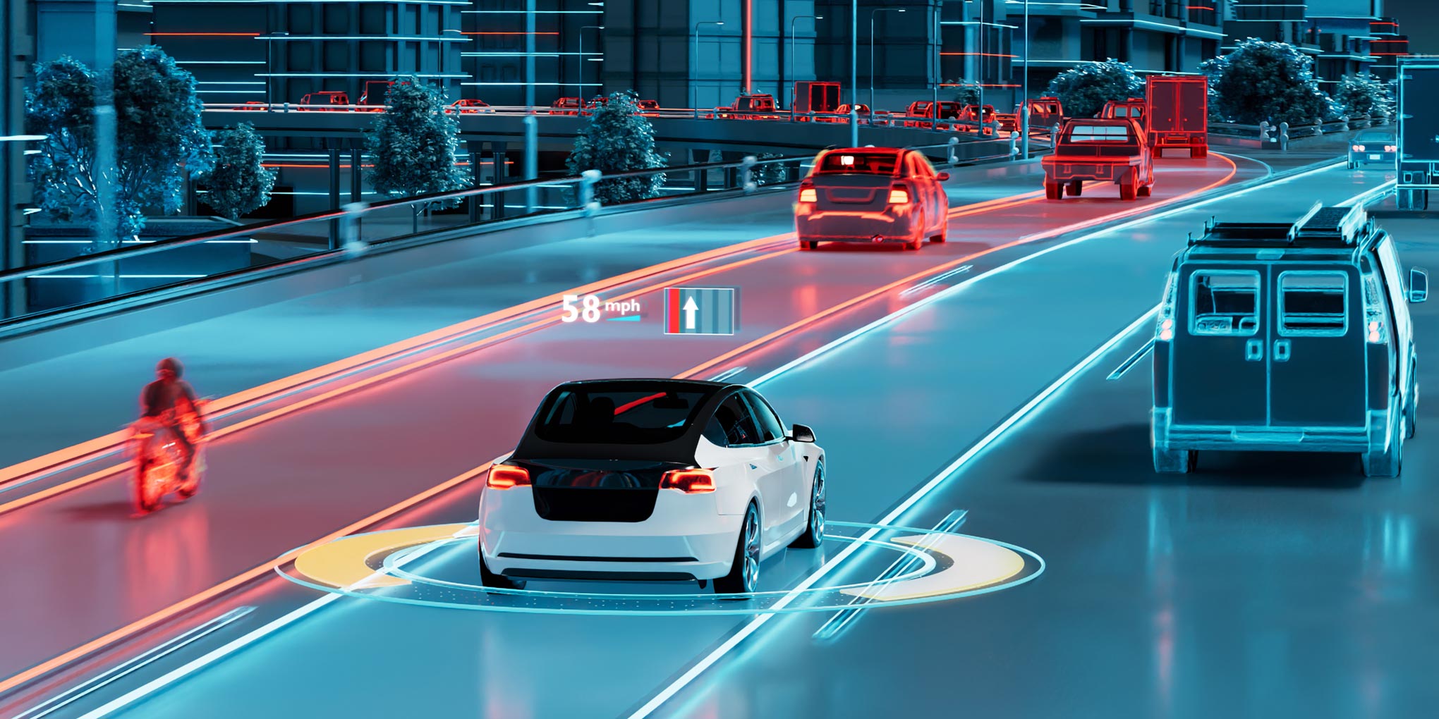 Futuristic road with self-driving cars, highlighted lanes, speed indicators, and cityscape in blue and red tones.