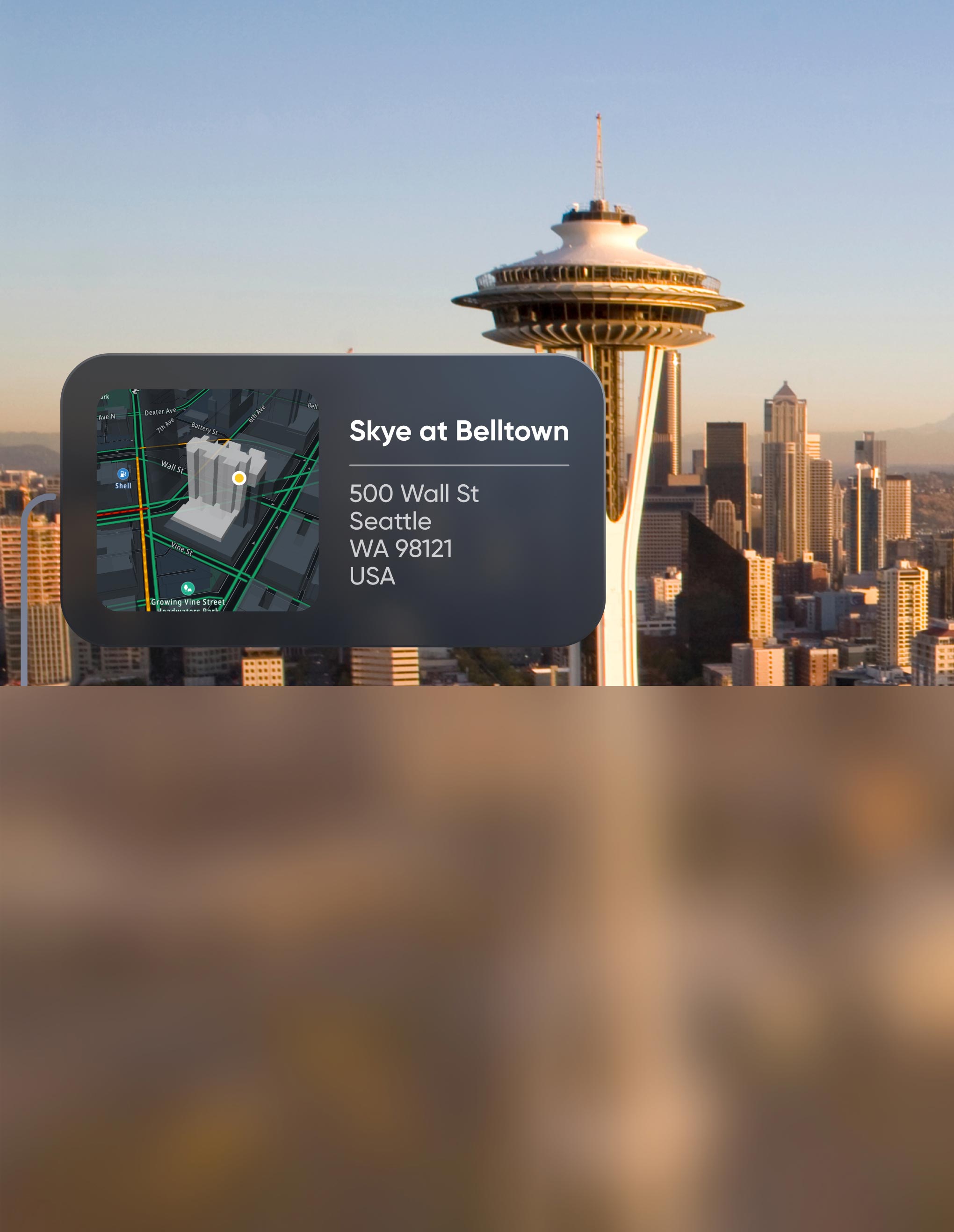 Aerial view of Seattle featuring the Space Needle, map showing "Skye at Belltown" location, 10km travel time, and speed of 19 mph.