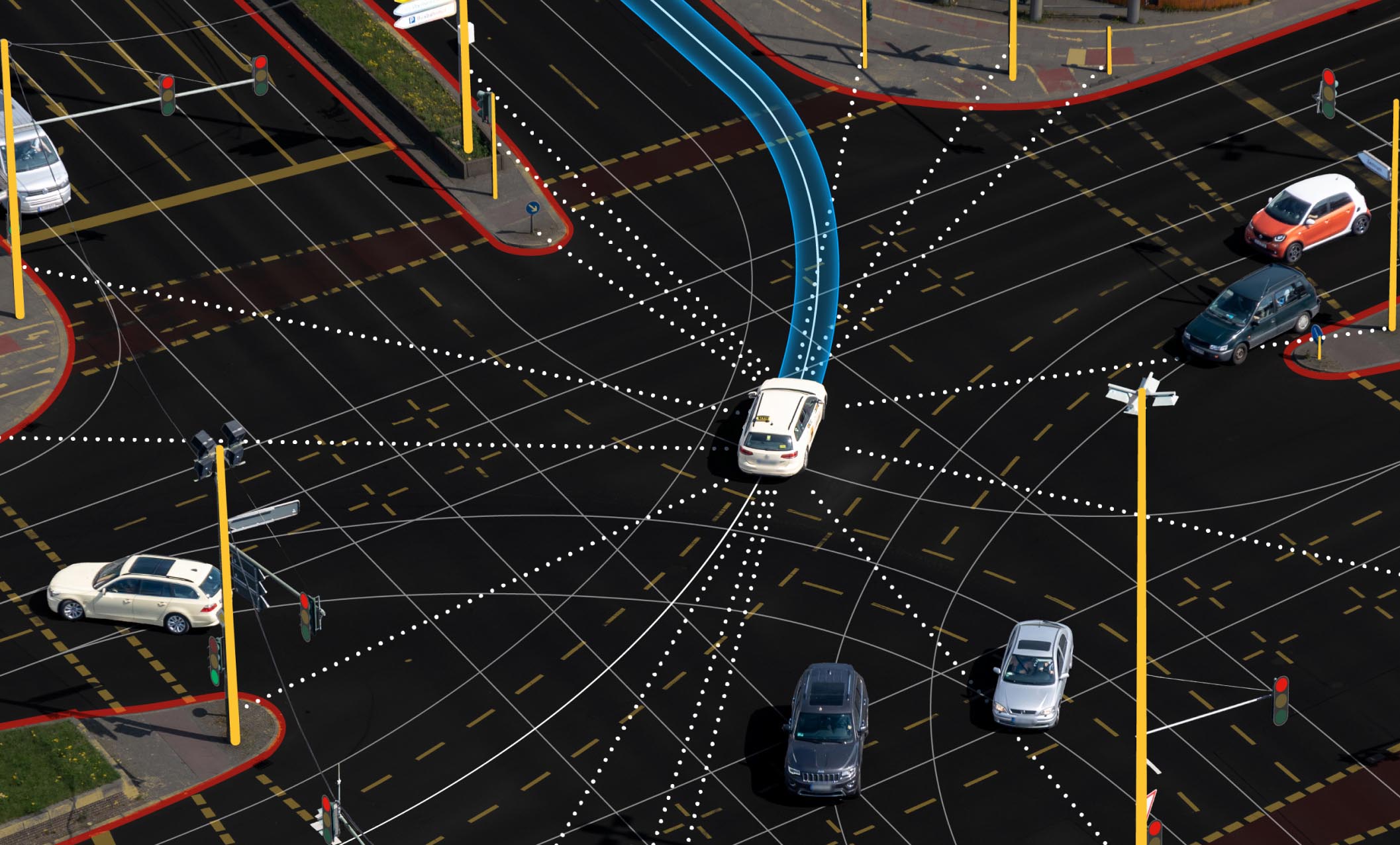 An autonomous vehicle system detecting other road users and helping the vehicle make a complex turn on a multi-lane road