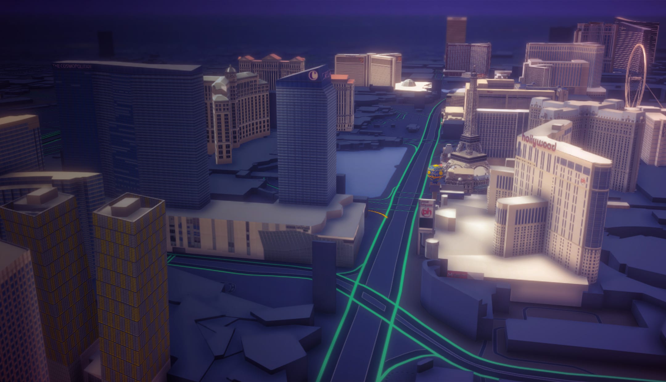 Futuristic cityscape at night with glowing green grid roads, tall buildings, and a Ferris wheel in the background.
