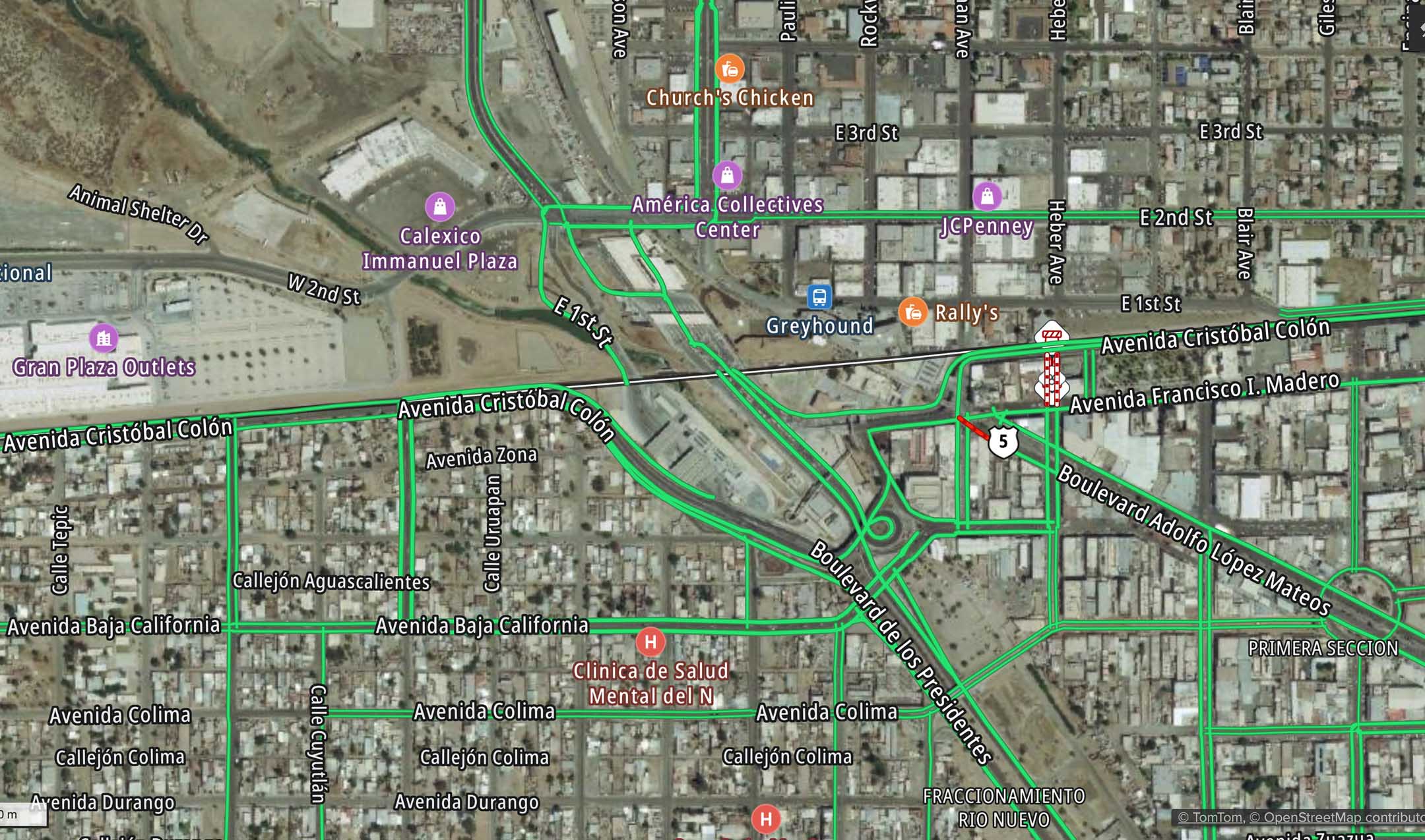 Aerial map view showing Calexico and surrounding areas, including shopping centers, restaurants, and major roads with visible green traffic lines.