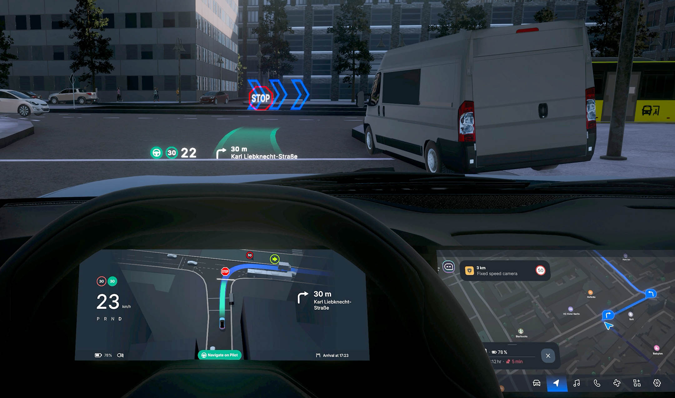Car dashboard view showing lane-level navigation with street map, speed and route indicators and display of a stop sign and directions.