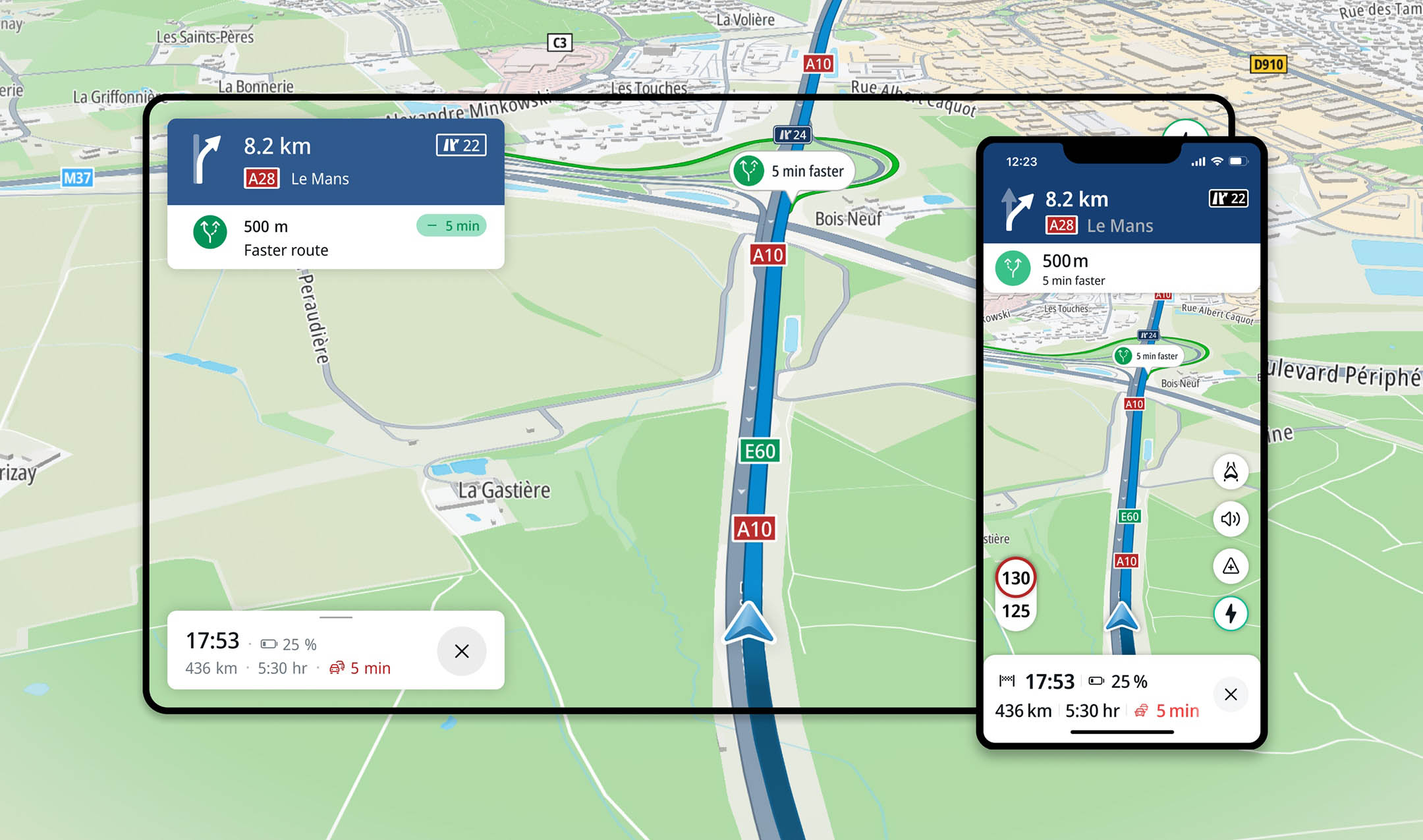 Navigation map showing a route for in-vehicle dashboards and mobile applications.