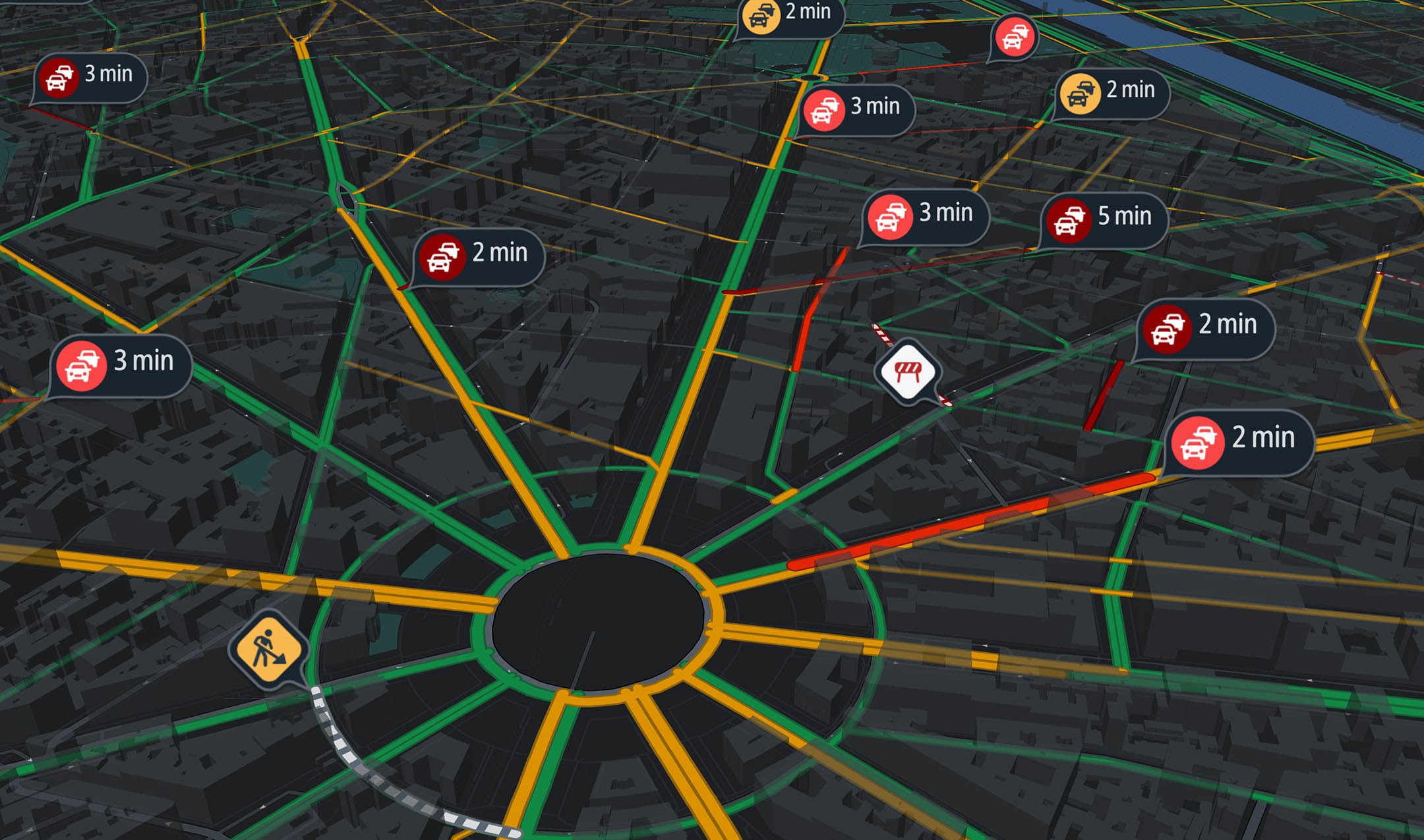 A screenshot from TomTom's MapMaker tool highlighting traffic incidents and areas that need attention