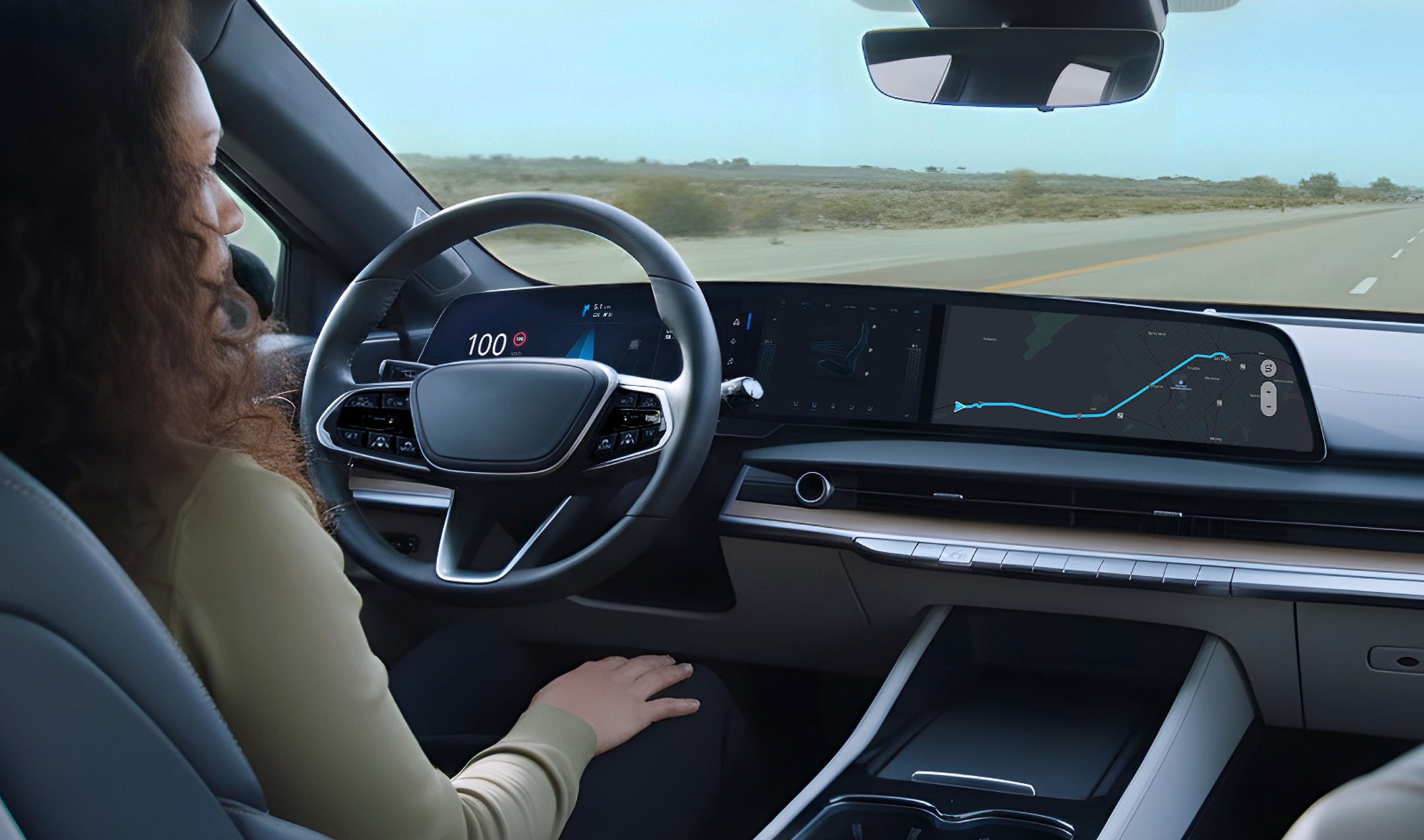 Person in a self-driving car with a digital dashboard displaying speed and navigation map.
