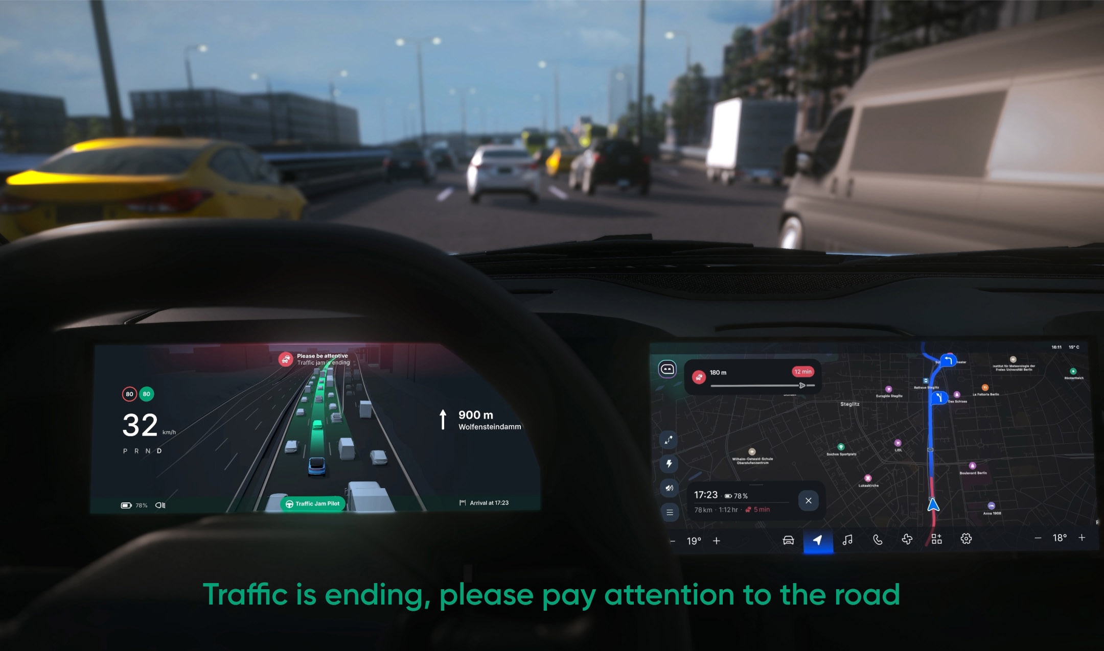 View from a car dashboard showing navigation screens; traffic clearing ahead with the message, "Traffic is ending, please pay attention to the road."