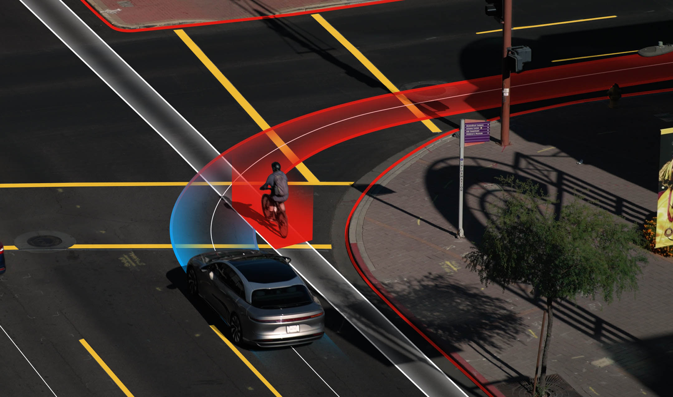 an image of a car on a screen with the ADAS system detecting a nearby biker