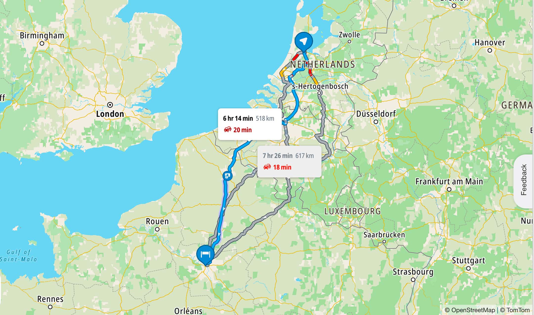 Map showing driving routes from Orléans, France to a location in the Netherlands with travel times and distances.