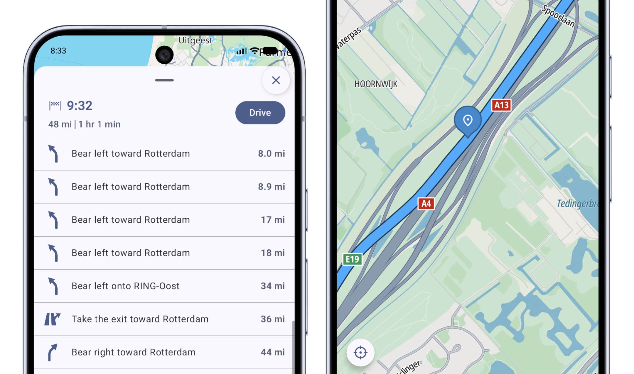 Smartphone displaying navigation directions toward Rotterdam with a map and detailed route instructions.