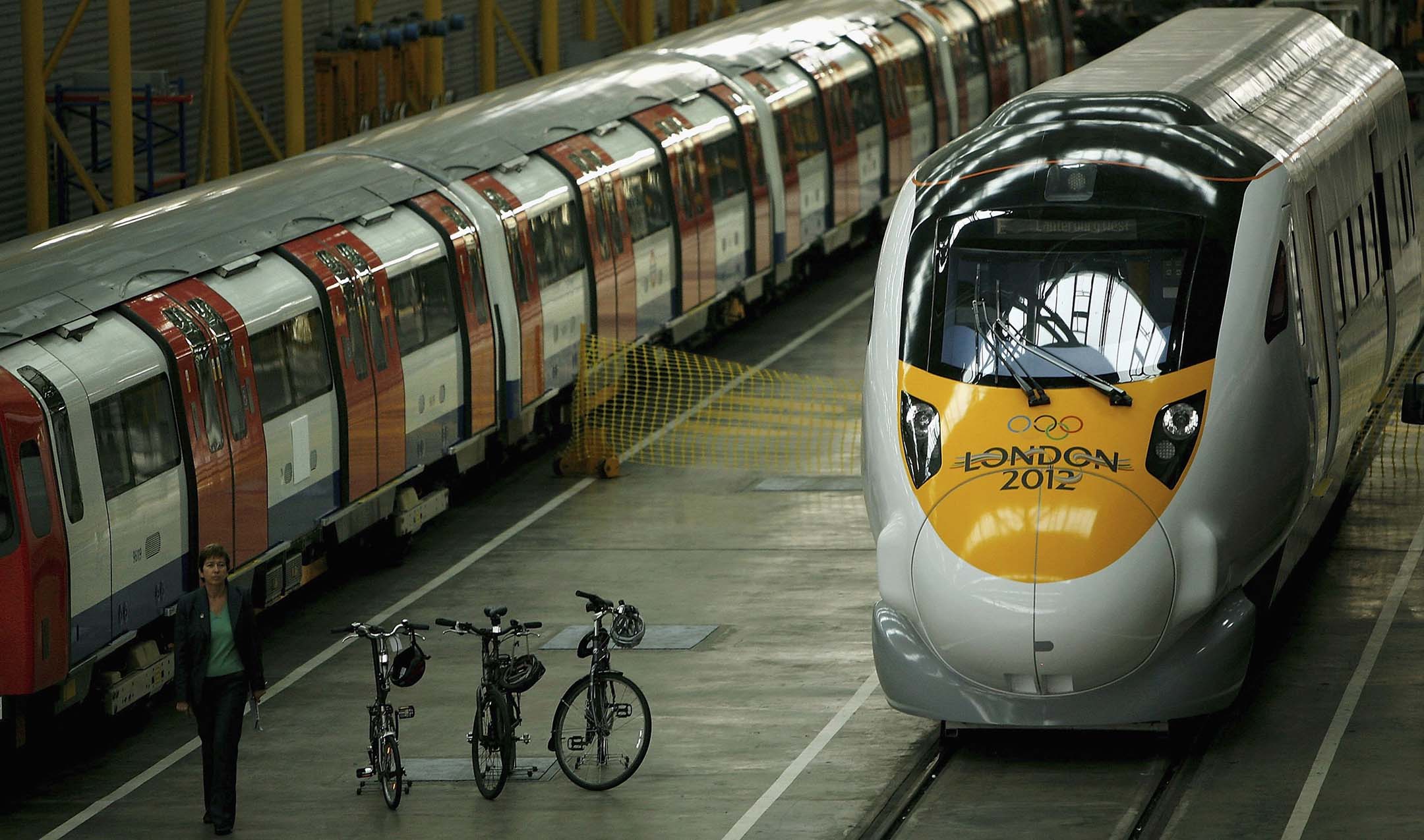 A train station with a special train launched for the 2012 London Olympics