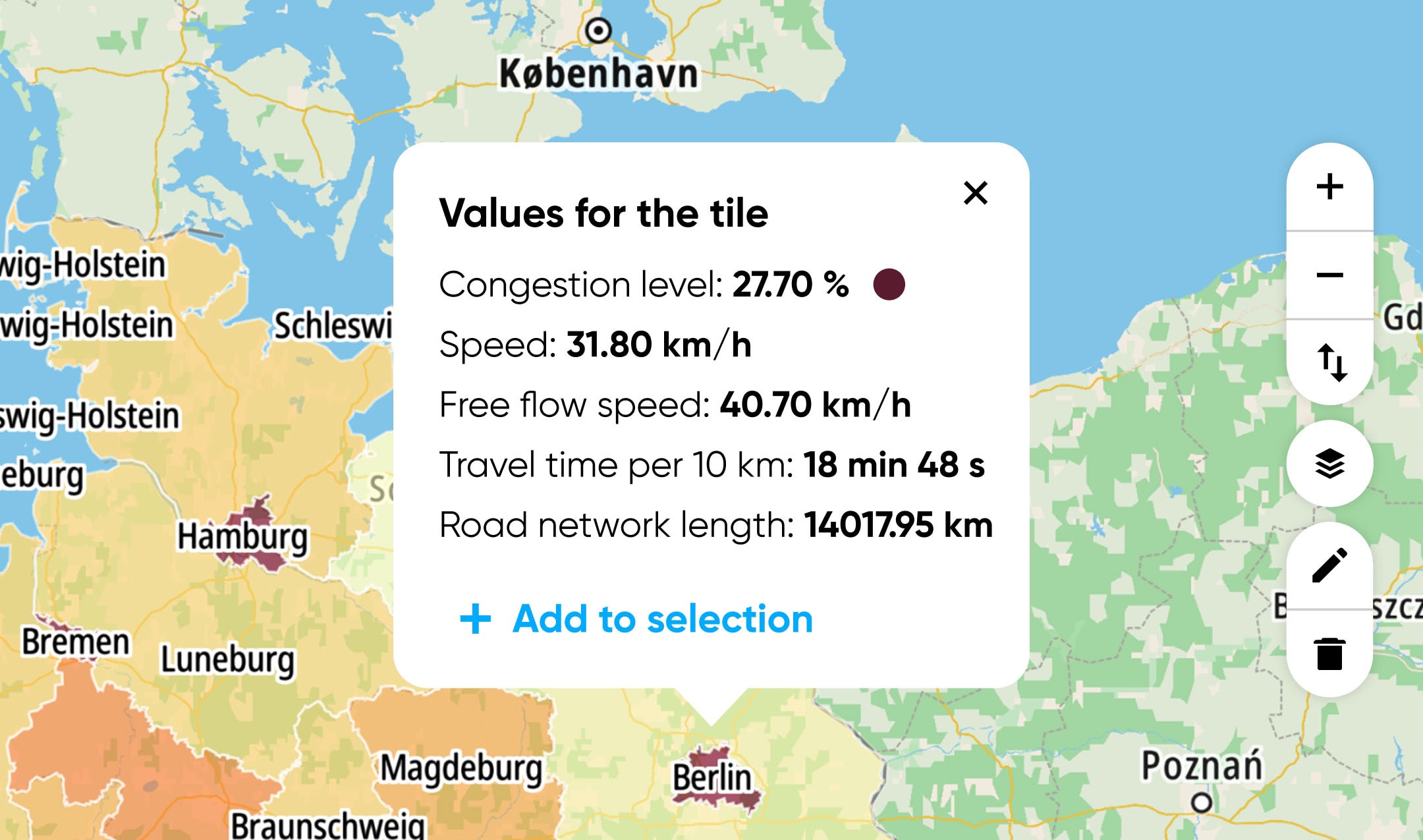 A screenshot from TomTom's Area Analytics tool showing metrics like congestion level, speed, travel time over a Berlin road network