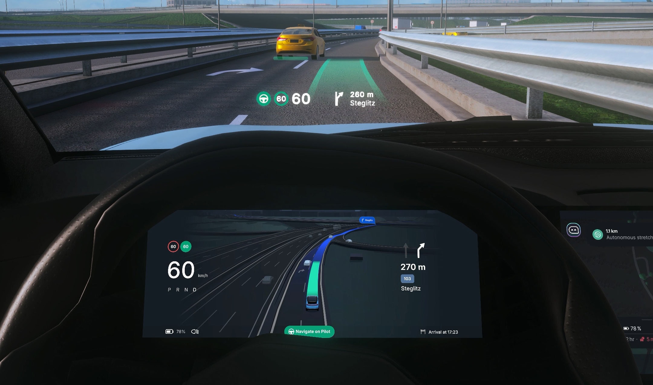 Car dashboard with navigation and speed, showing a heads-up display on the windshield. Road curving ahead with a yellow car in front.