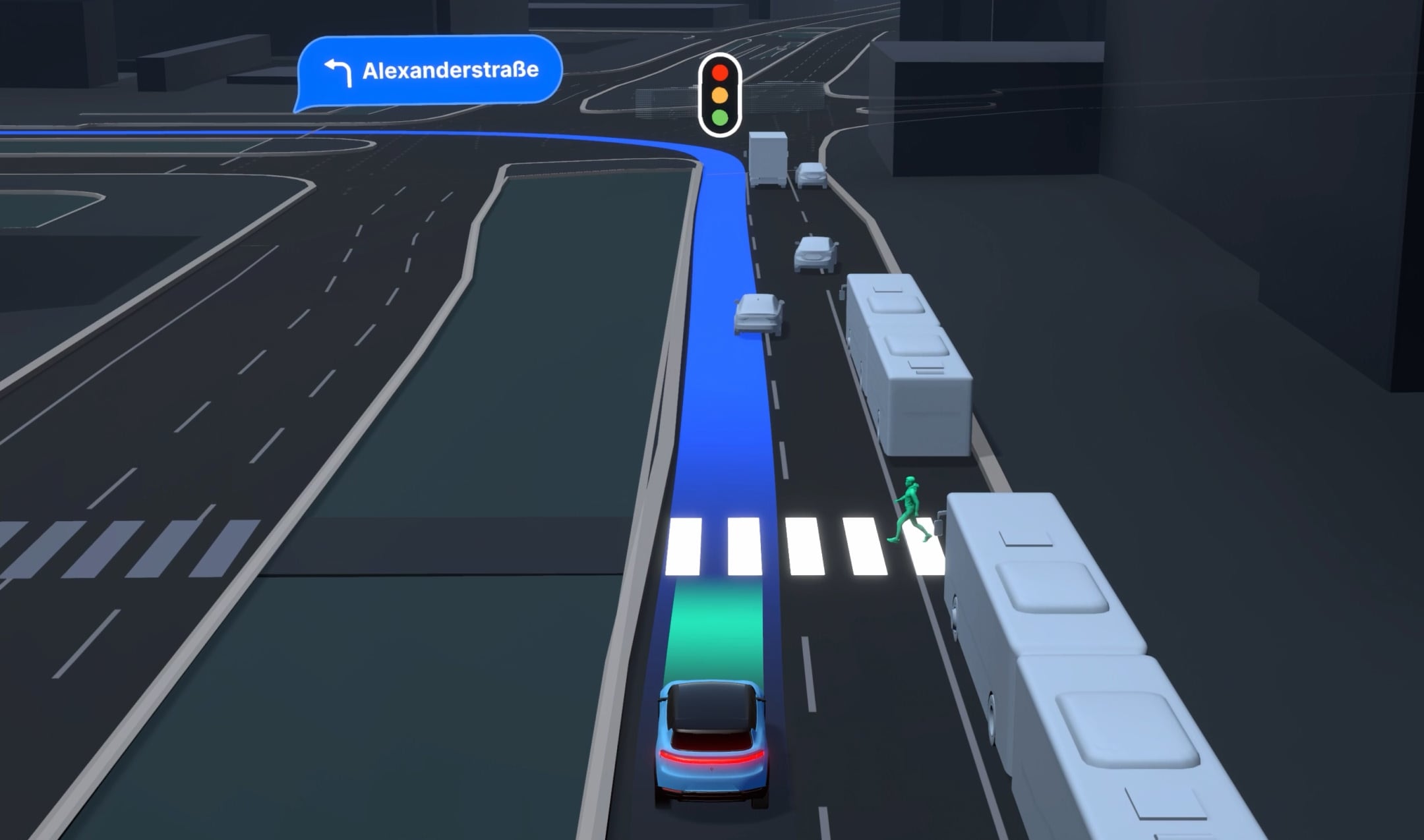 Aerial view of a digital road navigation scene, showing a car approaching a traffic light and pedestrian crossing on Alexanderstraße.