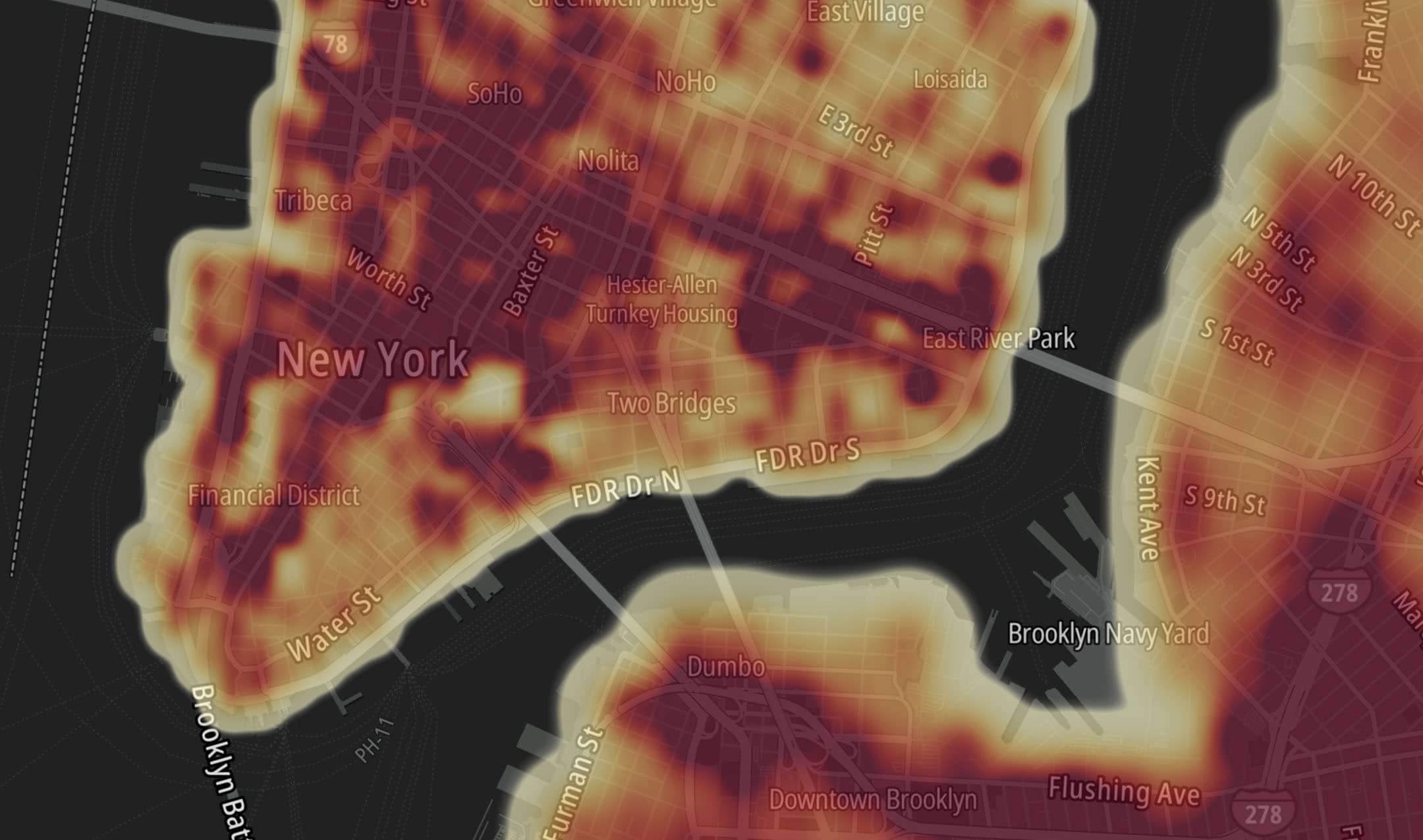 Heat map of New York City highlighting areas like Tribeca, SoHo, and East River Park, with a focus on temperature or activity levels.