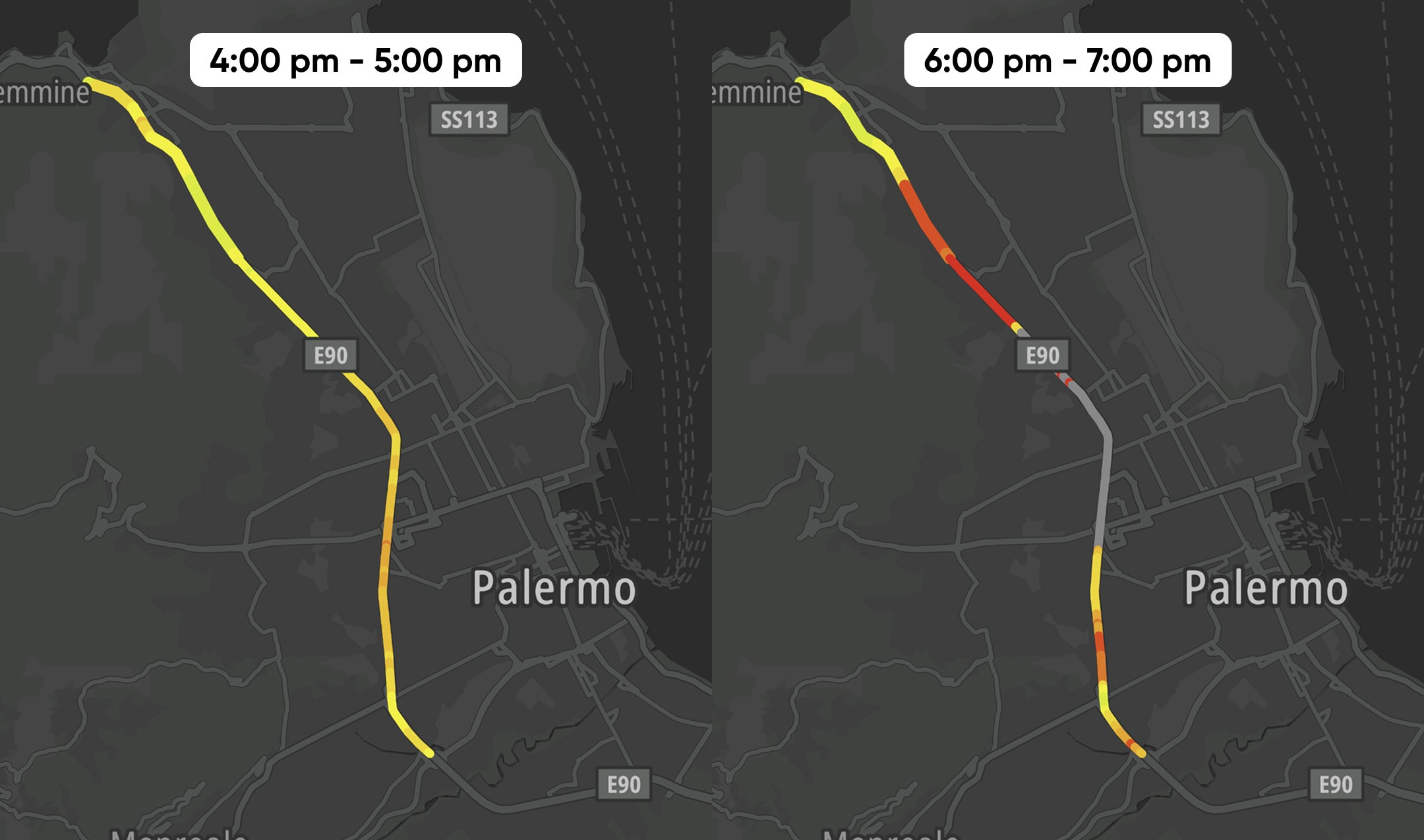 Traffic conditions on E90 near Palermo; 4-5 pm light traffic, 6-7 pm heavy traffic. Colored lines indicate road congestion levels.