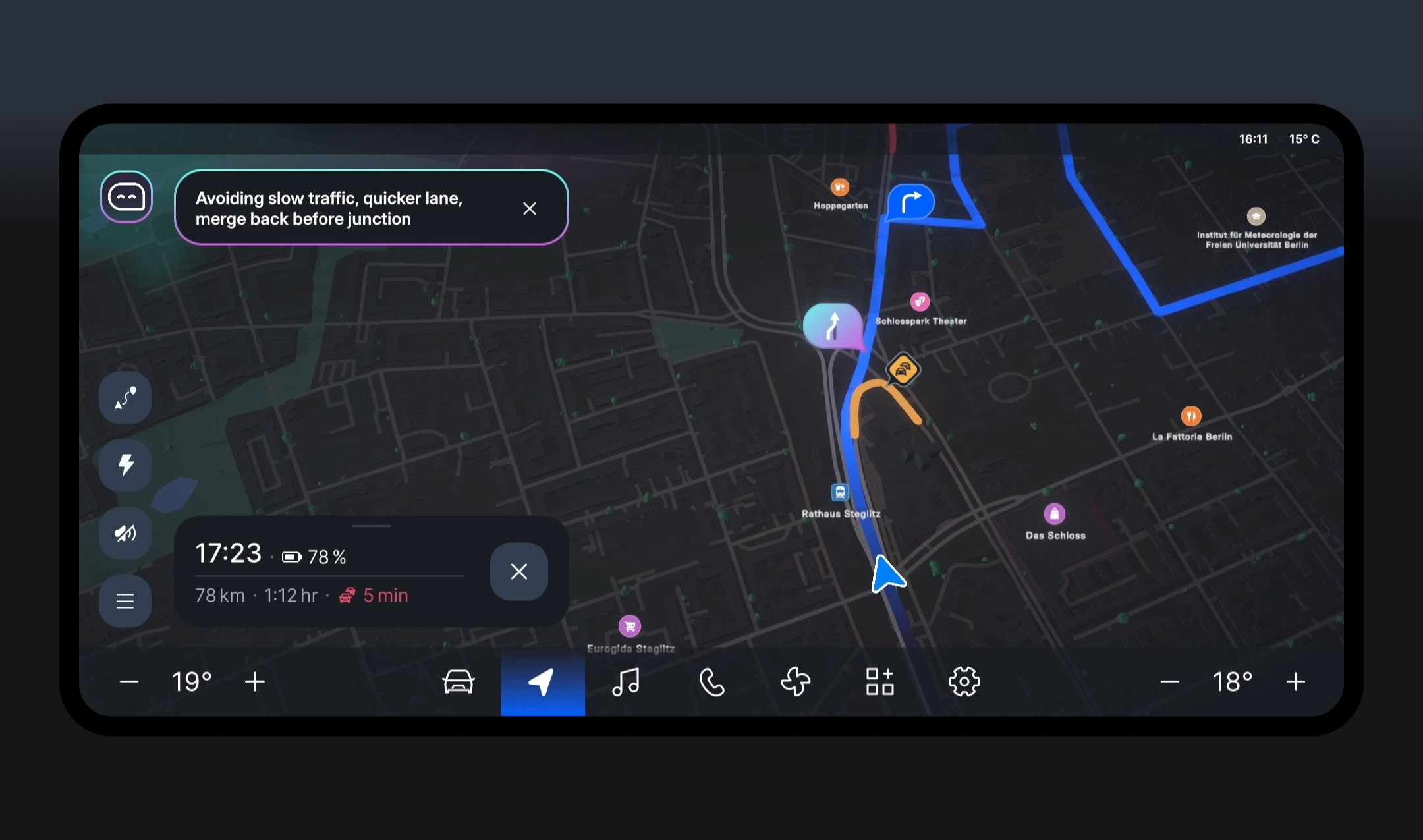 GPS navigation showing a route, traffic alerts, and estimated time. The interface includes icons for music, phone, and climate control.