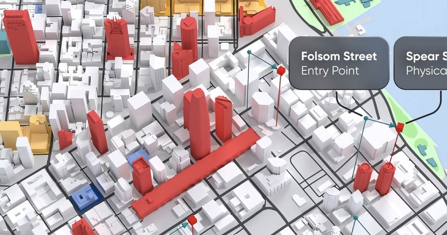 3D city map highlighting Folsom Street entry point and Spear Street address, with colorful buildings and street grid.