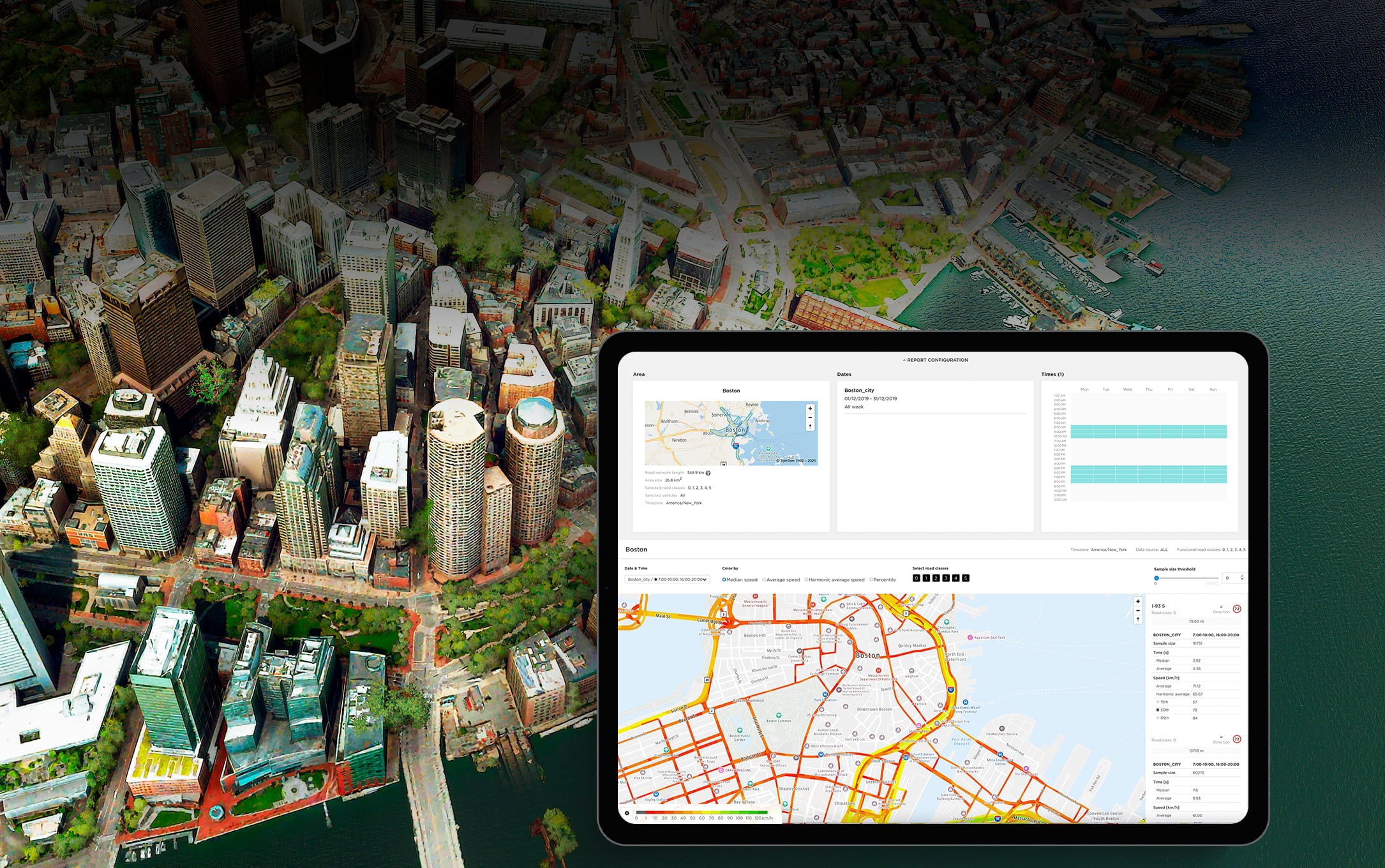Aerial view of a cityscape beside a body of water, with a tablet displaying maps and data overlaying the image.