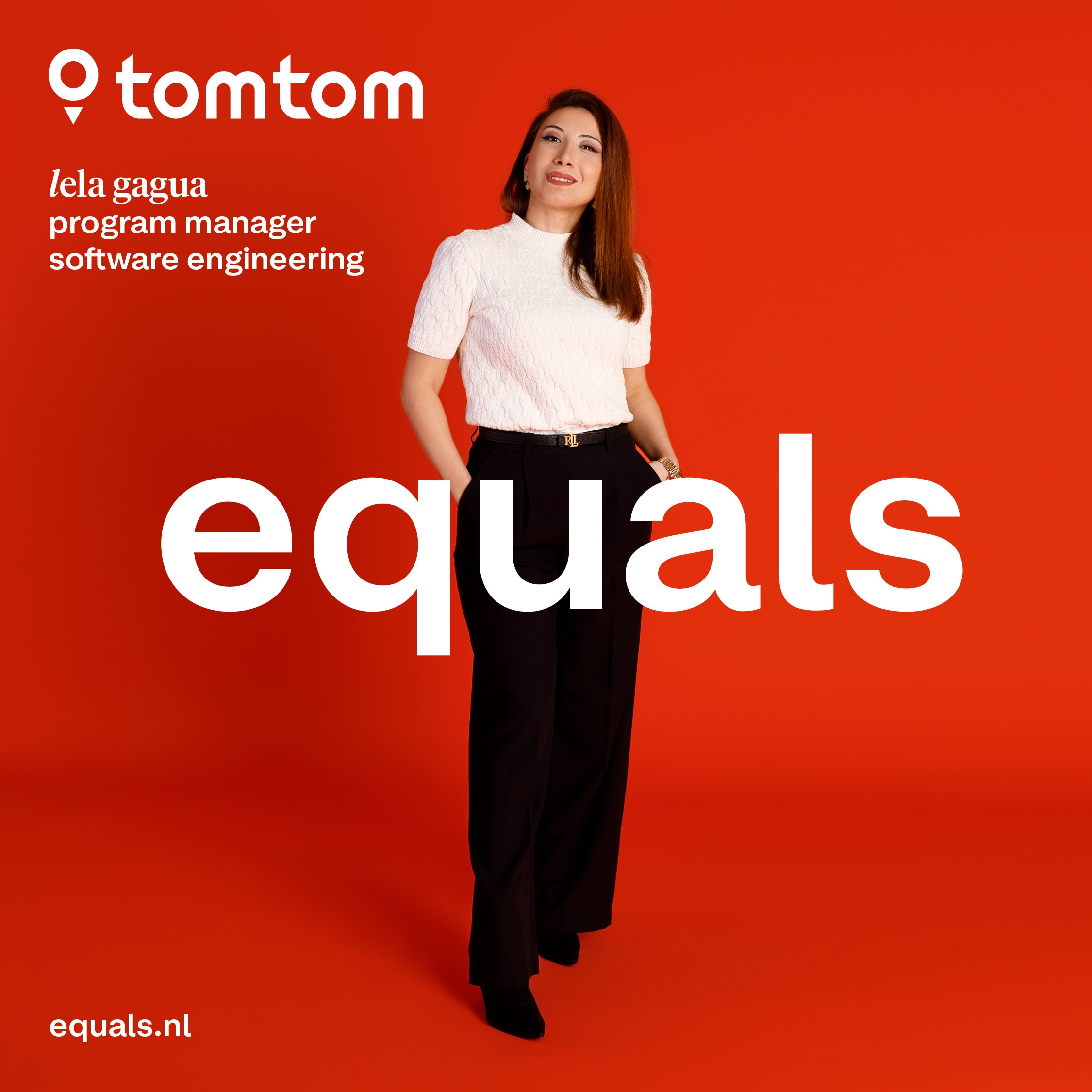 A woman stands confidently against a red background with "equals" written boldly. Text includes "TomTom" and "program manager software engineering."