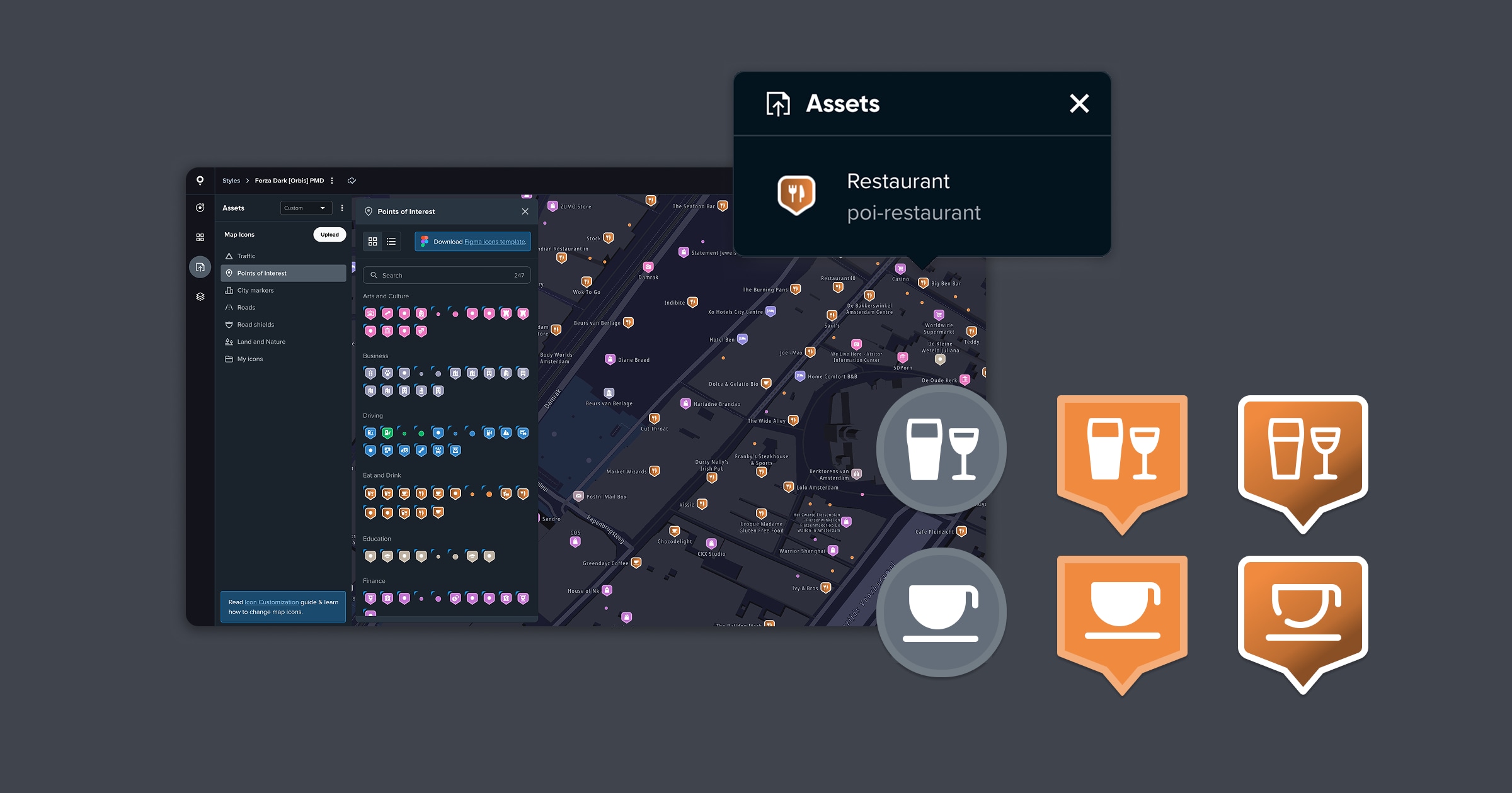 Dark-themed map styling interface showing Points of Interest (POI) icons for restaurants, bars, and cafés. The UI includes a sidebar with POI categories, a highlighted “Restaurant” icon labeled poi-restaurant, and various orange map icons for food and drink venues.